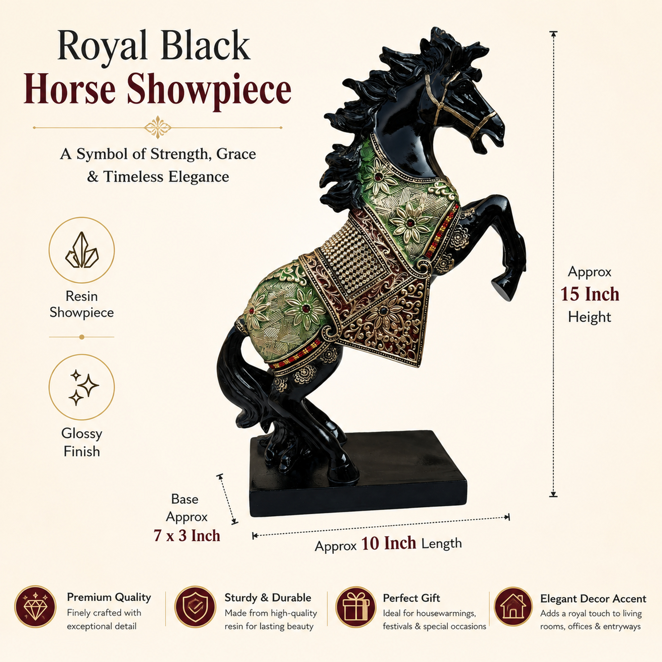 Black Horse Statue Showpiece for Home Decor, Resin, 15 Inch — photo — 4 of 9