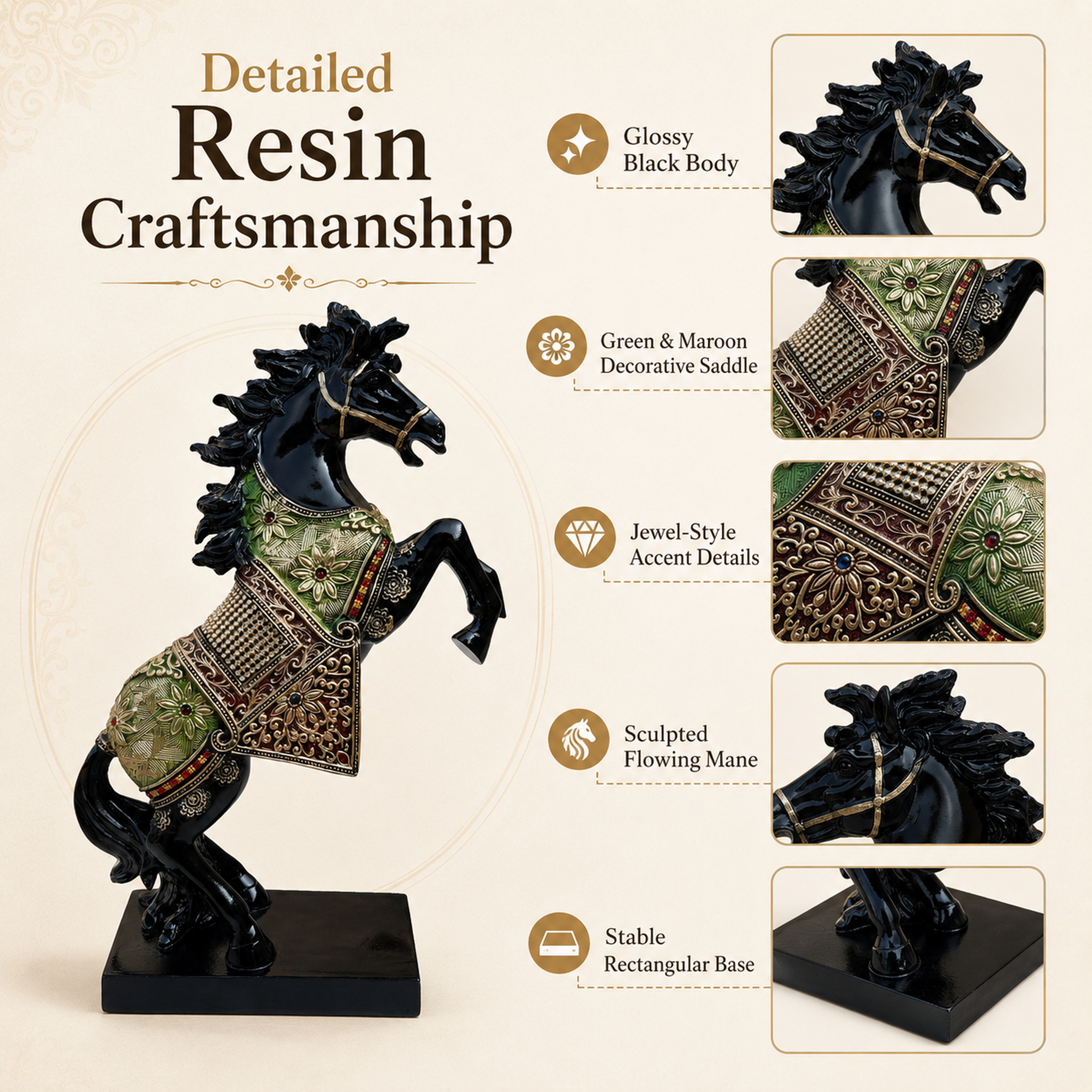 Black Horse Statue Showpiece for Home Decor, Resin, 15 Inch — photo — 5 of 9