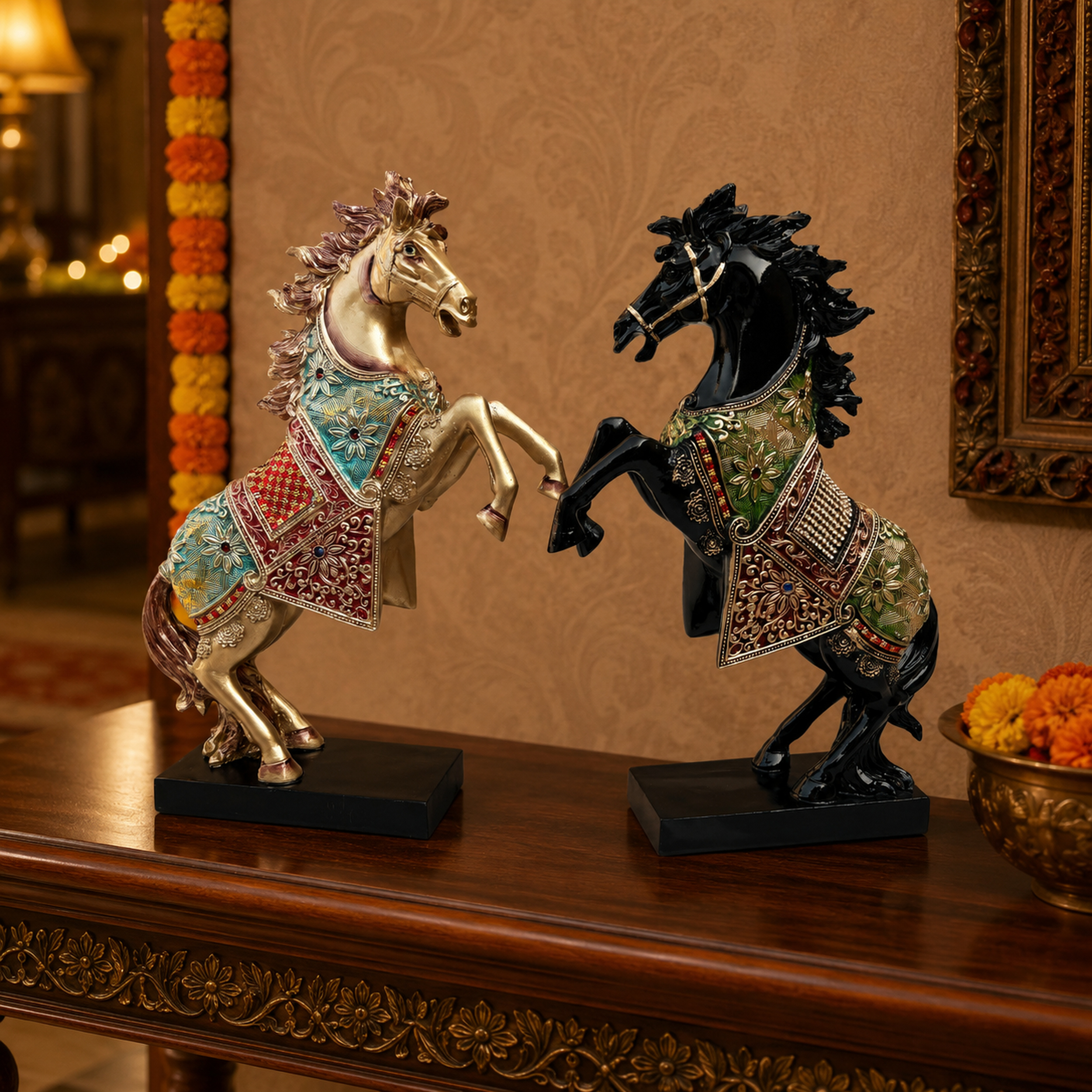 Gold Black Horse Statue Showpiece Pair, Resin, 15 Inch — photo — 4 of 8