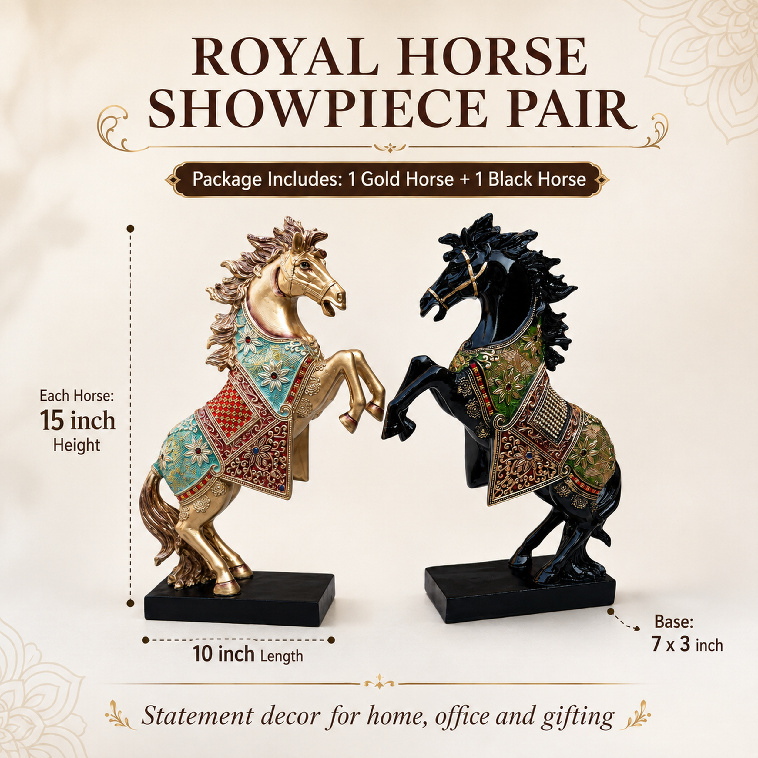 Gold Black Horse Statue Showpiece Pair, Resin, 15 Inch — photo — 2 of 8