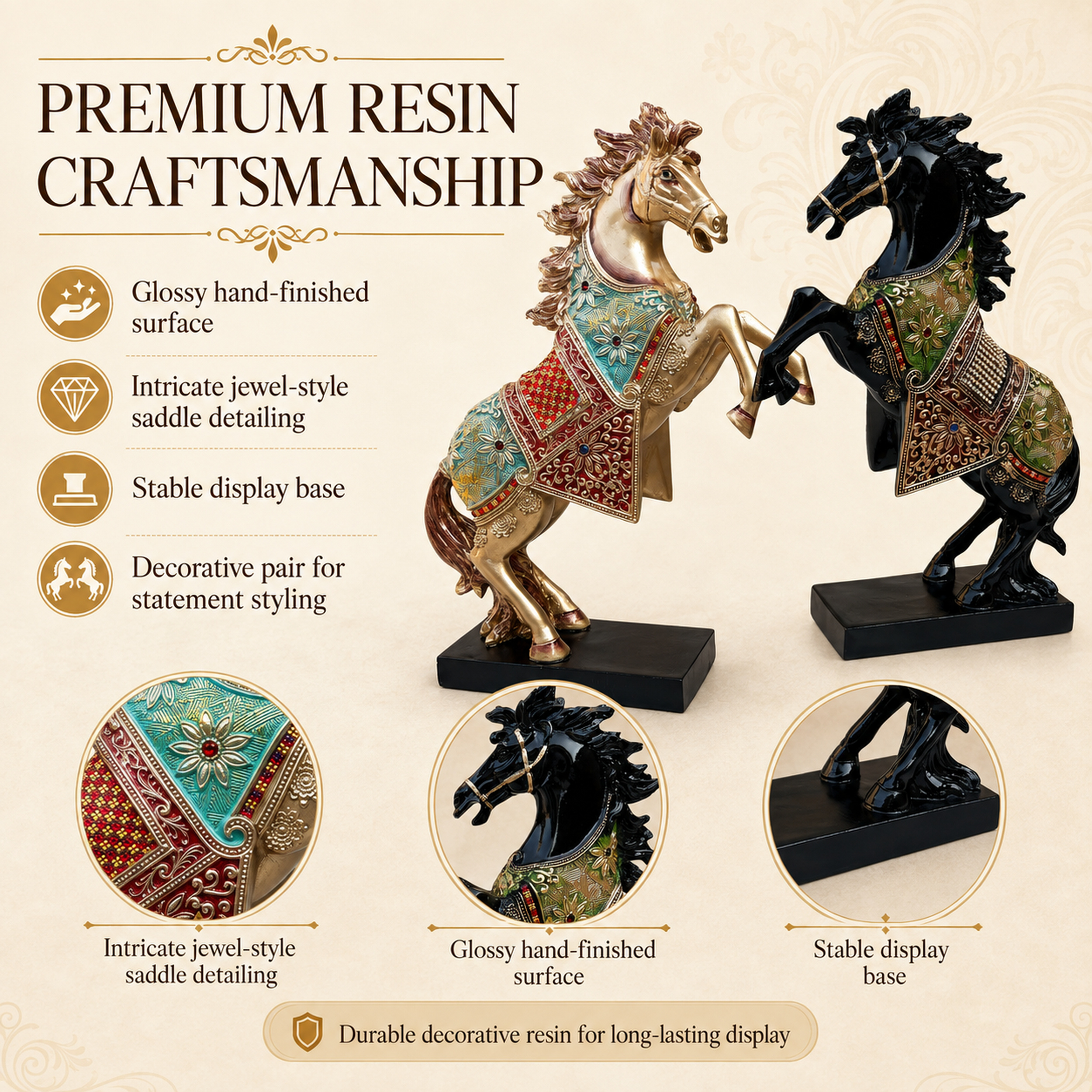 Gold Black Horse Statue Showpiece Pair, Resin, 15 Inch — photo — 3 of 8