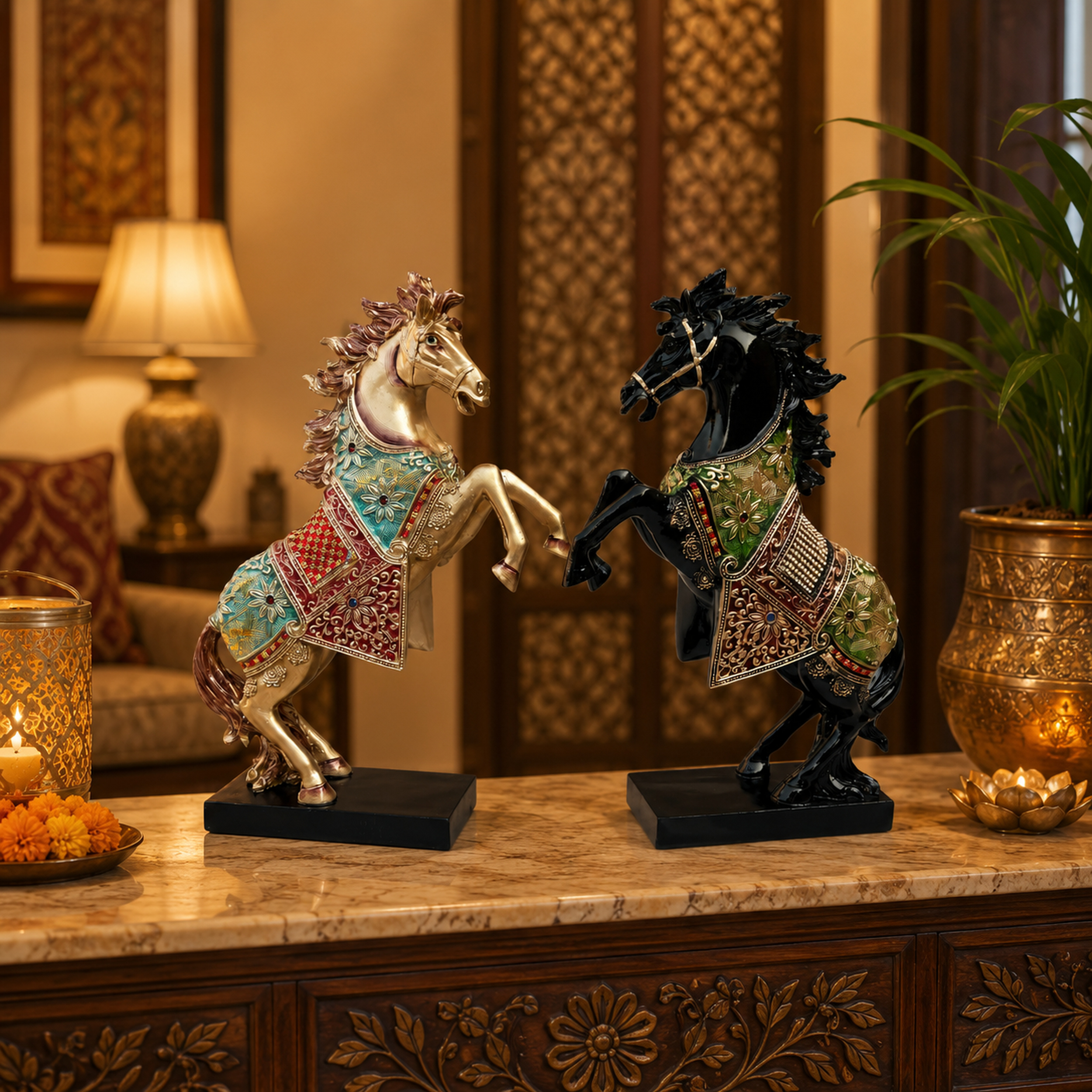 Gold Black Horse Statue Showpiece Pair, Resin, 15 Inch — photo — 5 of 8