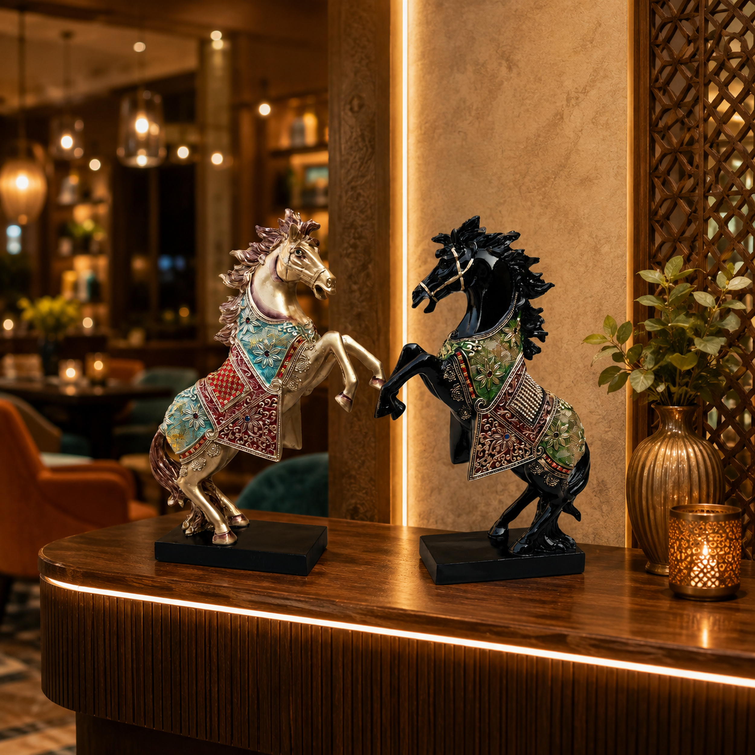 Gold Black Horse Statue Showpiece Pair, Resin, 15 Inch — photo — 7 of 8