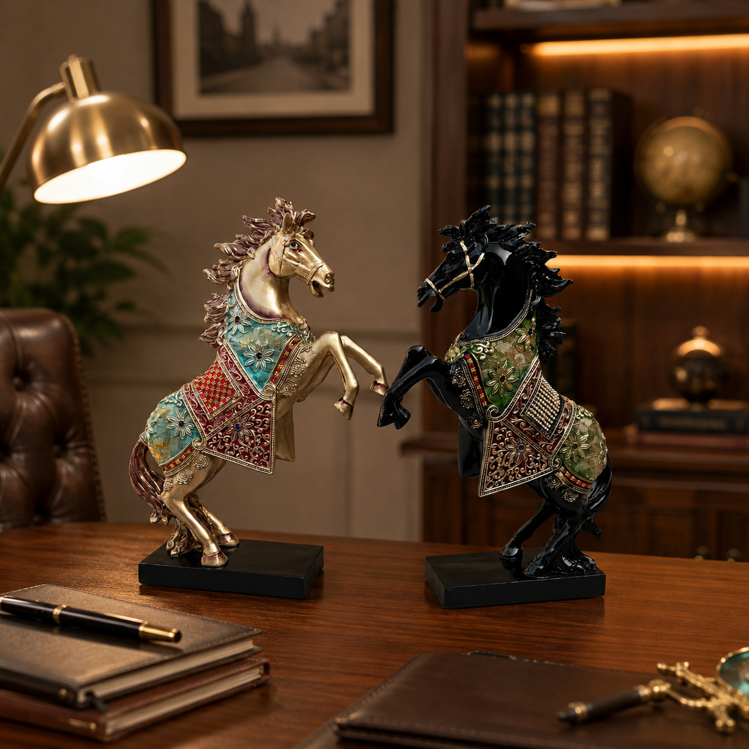 Gold Black Horse Statue Showpiece Pair, Resin, 15 Inch — photo — 6 of 8