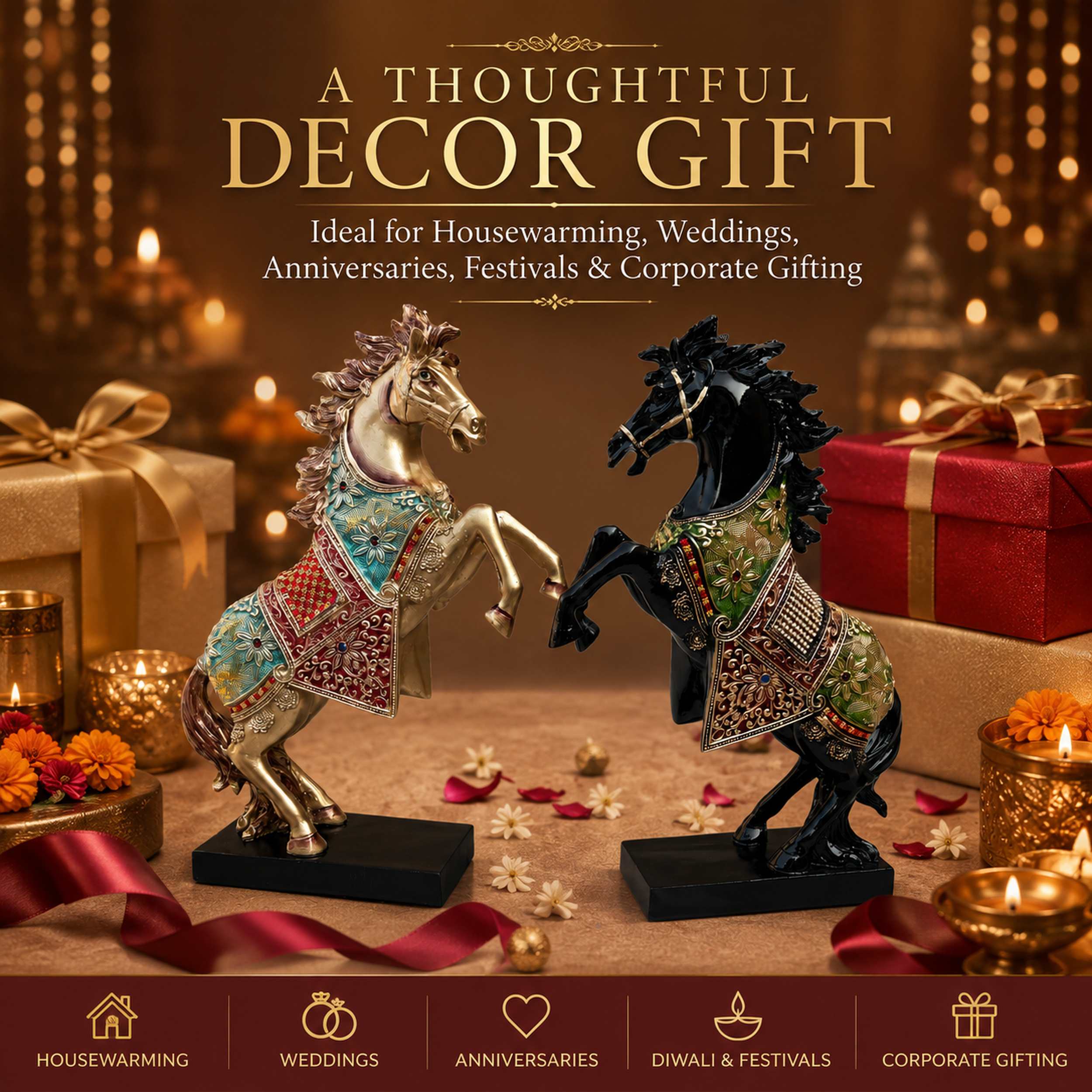 Gold Black Horse Statue Showpiece Pair, Resin, 15 Inch — photo — 8 of 8