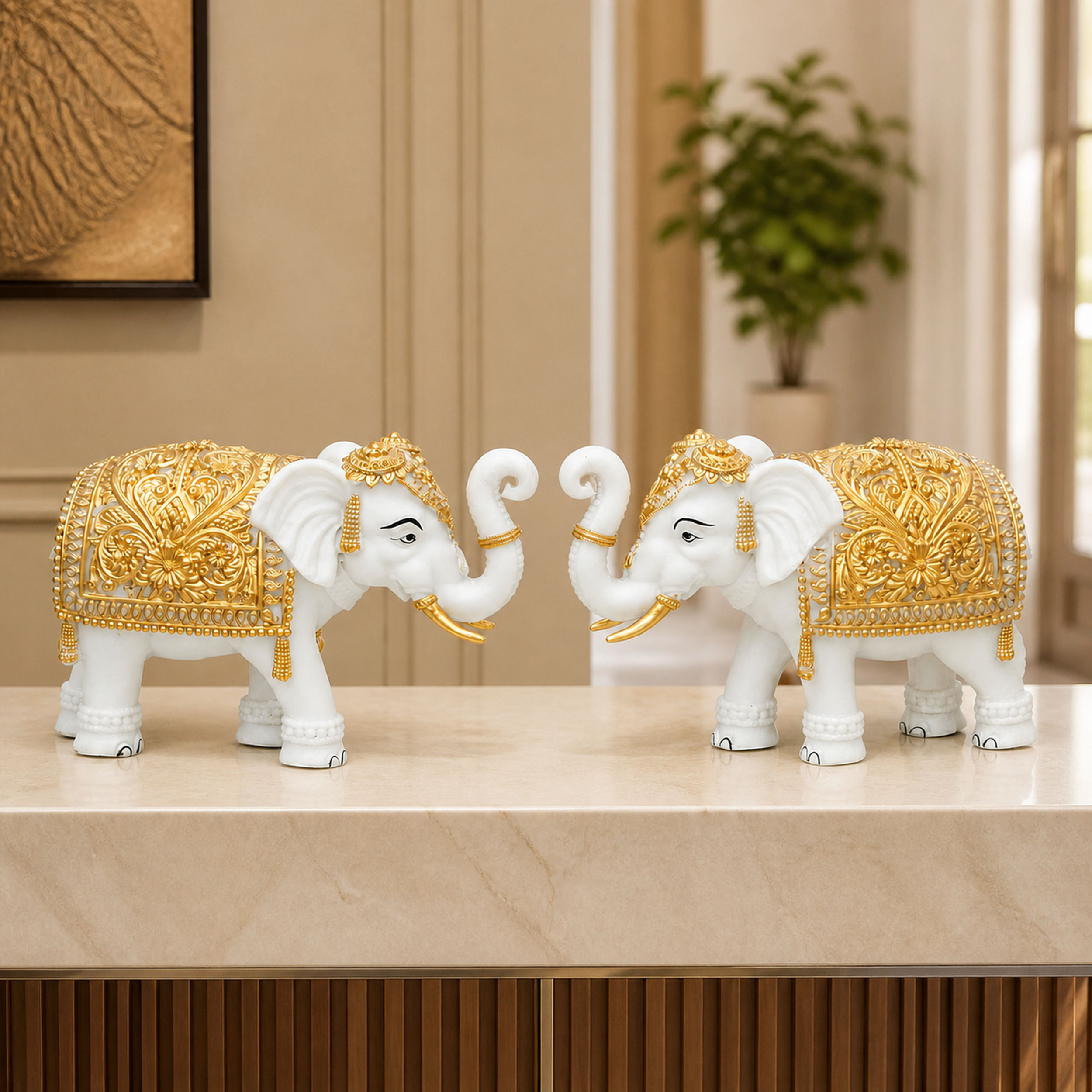 White-Gold Elephant Showpiece Pair, Marble Dust Resin, 8 Inch — photo — 6 of 9