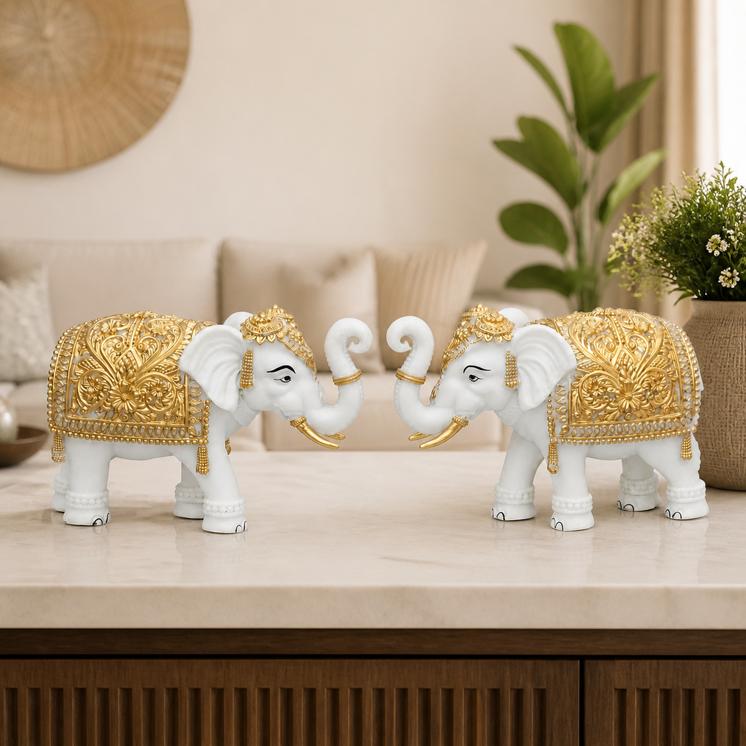 White-Gold Elephant Showpiece Pair, Marble Dust Resin, 8 Inch — photo — 4 of 9