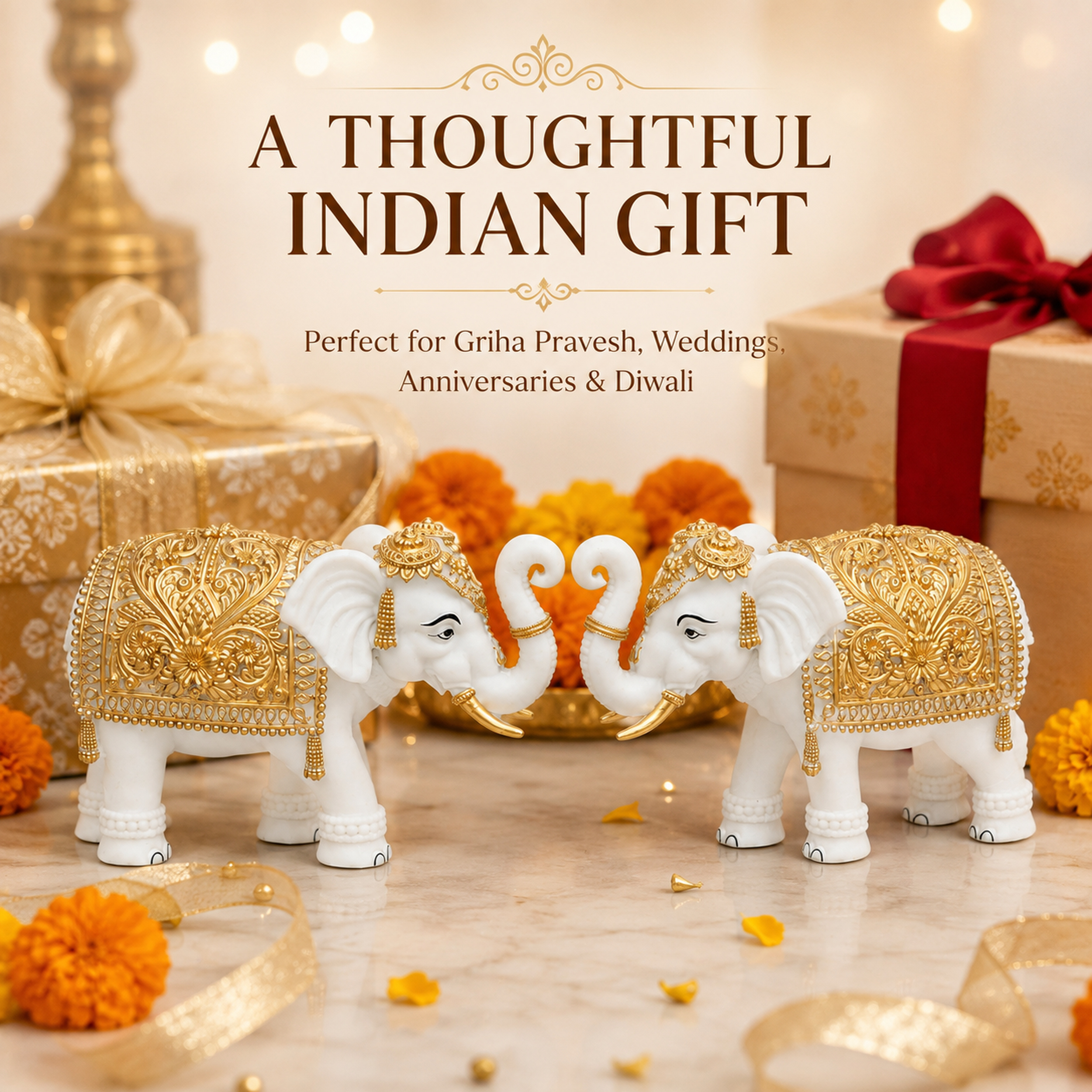 White-Gold Elephant Showpiece Pair, Marble Dust Resin, 8 Inch — photo — 7 of 9