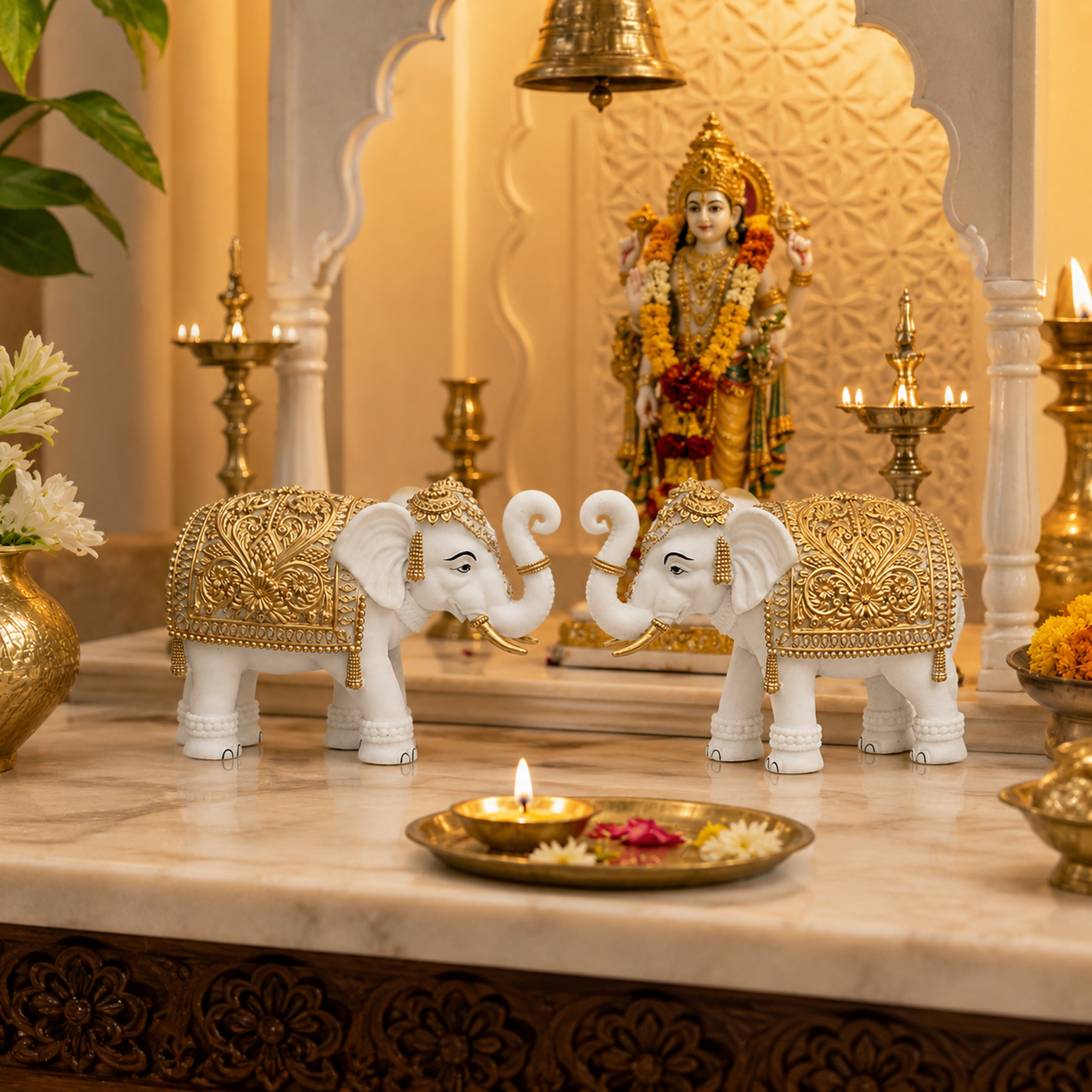 White-Gold Elephant Showpiece Pair, Marble Dust Resin, 8 Inch — photo — 5 of 9
