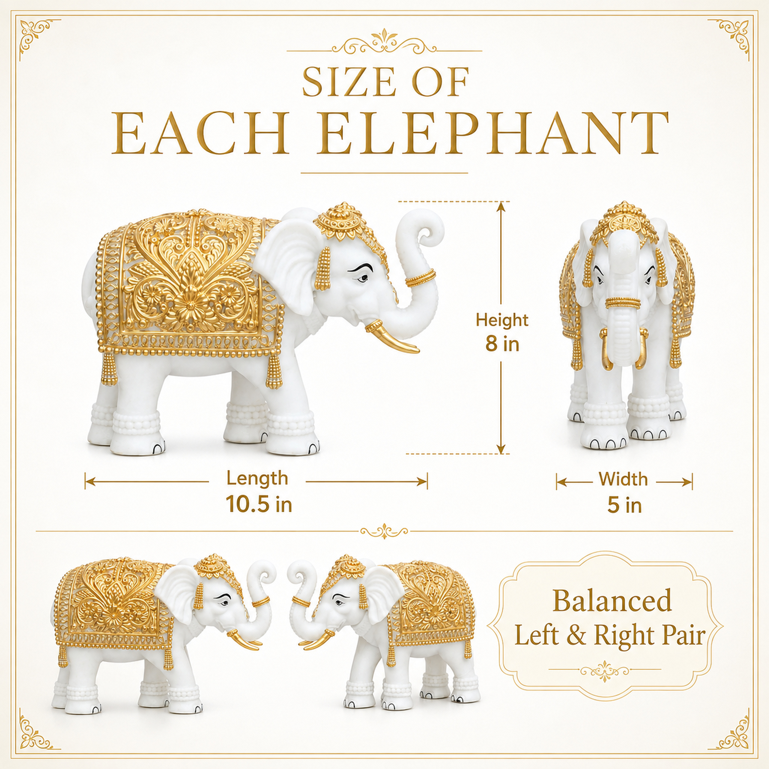 White-Gold Elephant Showpiece Pair, Marble Dust Resin, 8 Inch — photo — 3 of 9