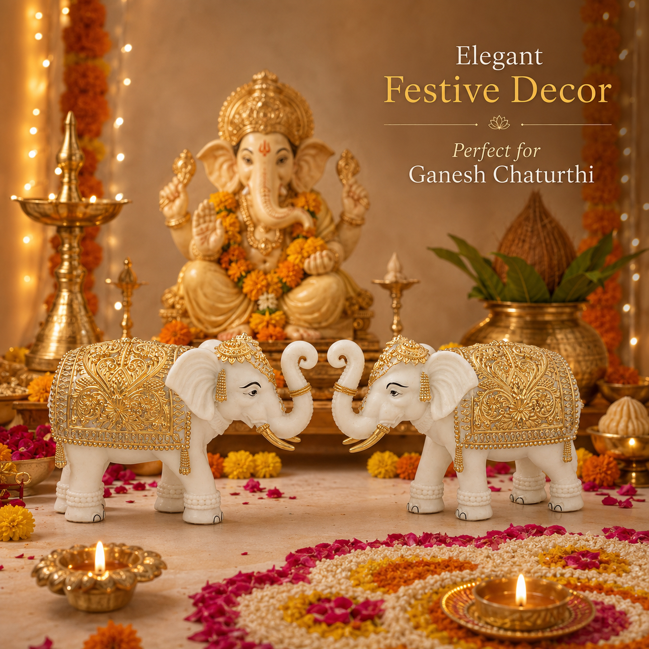 White-Gold Elephant Showpiece Pair, Marble Dust Resin, 8 Inch — photo — 9 of 9
