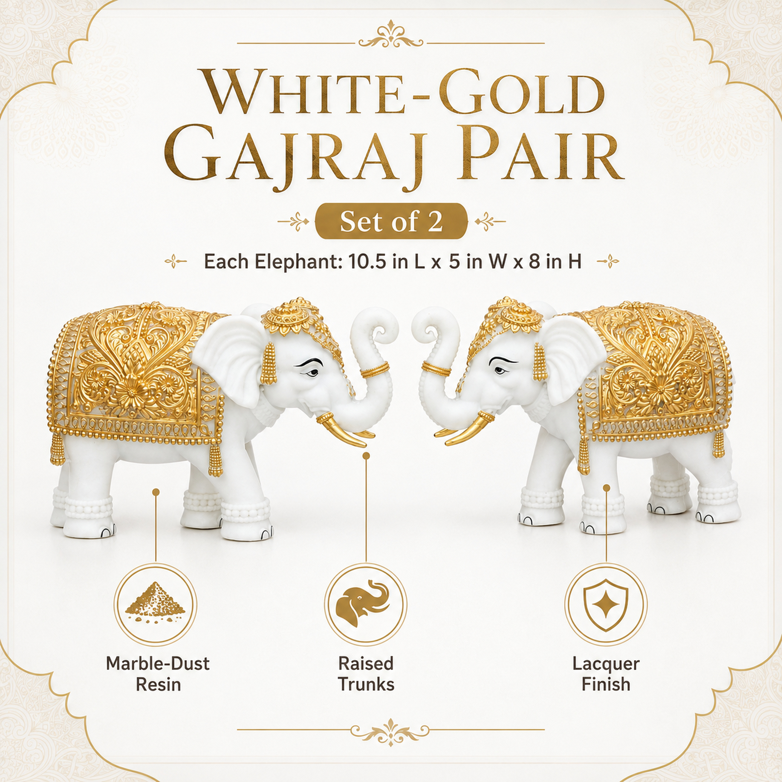 White-Gold Elephant Showpiece Pair, Marble Dust Resin, 8 Inch — photo — 8 of 9