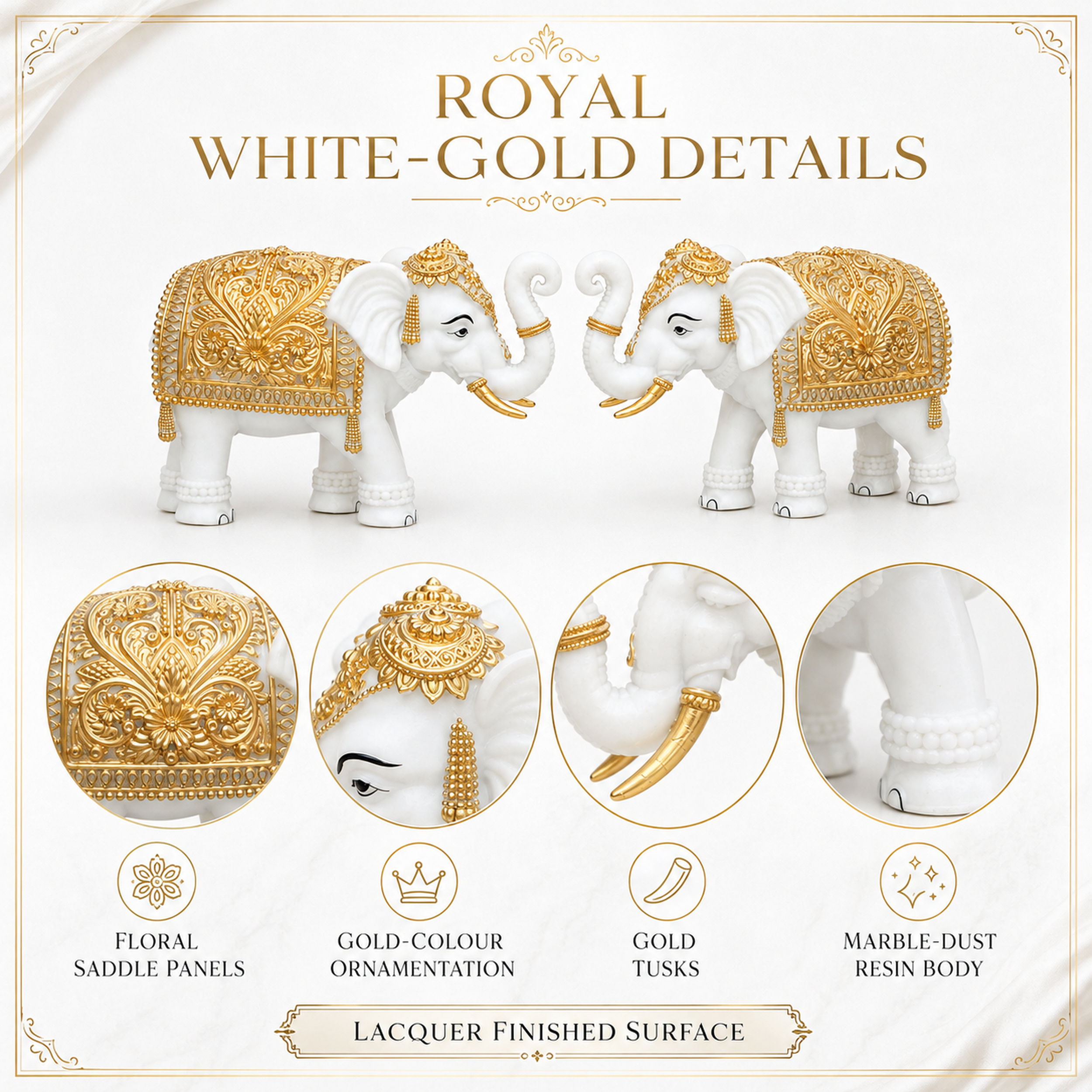 White-Gold Elephant Showpiece Pair, Marble Dust Resin, 8 Inch — photo — 2 of 9