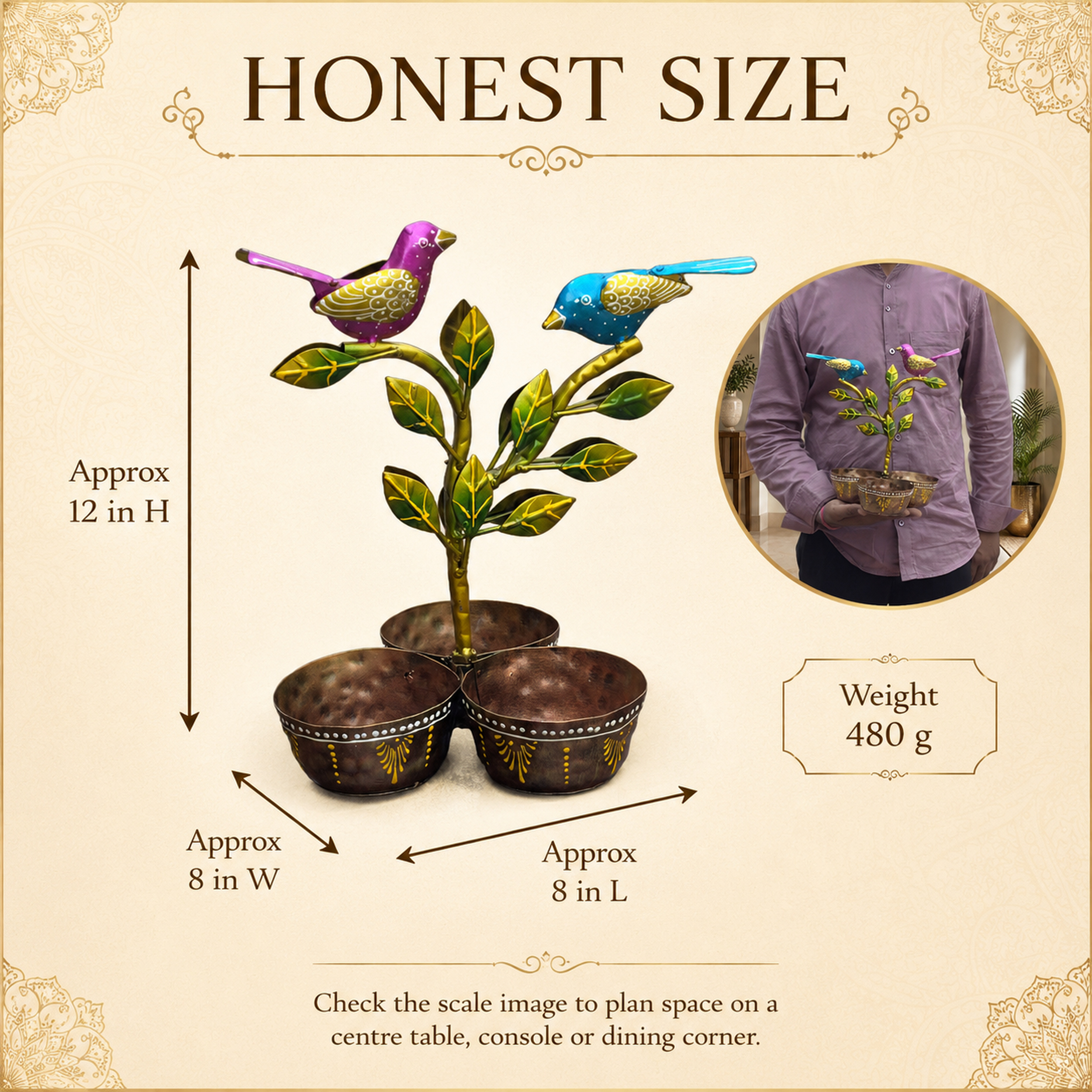 Iron Dry Fruit Bowl Stand with Bird Tree, 3 Bowls, 12 Inch — photo — 3 of 9