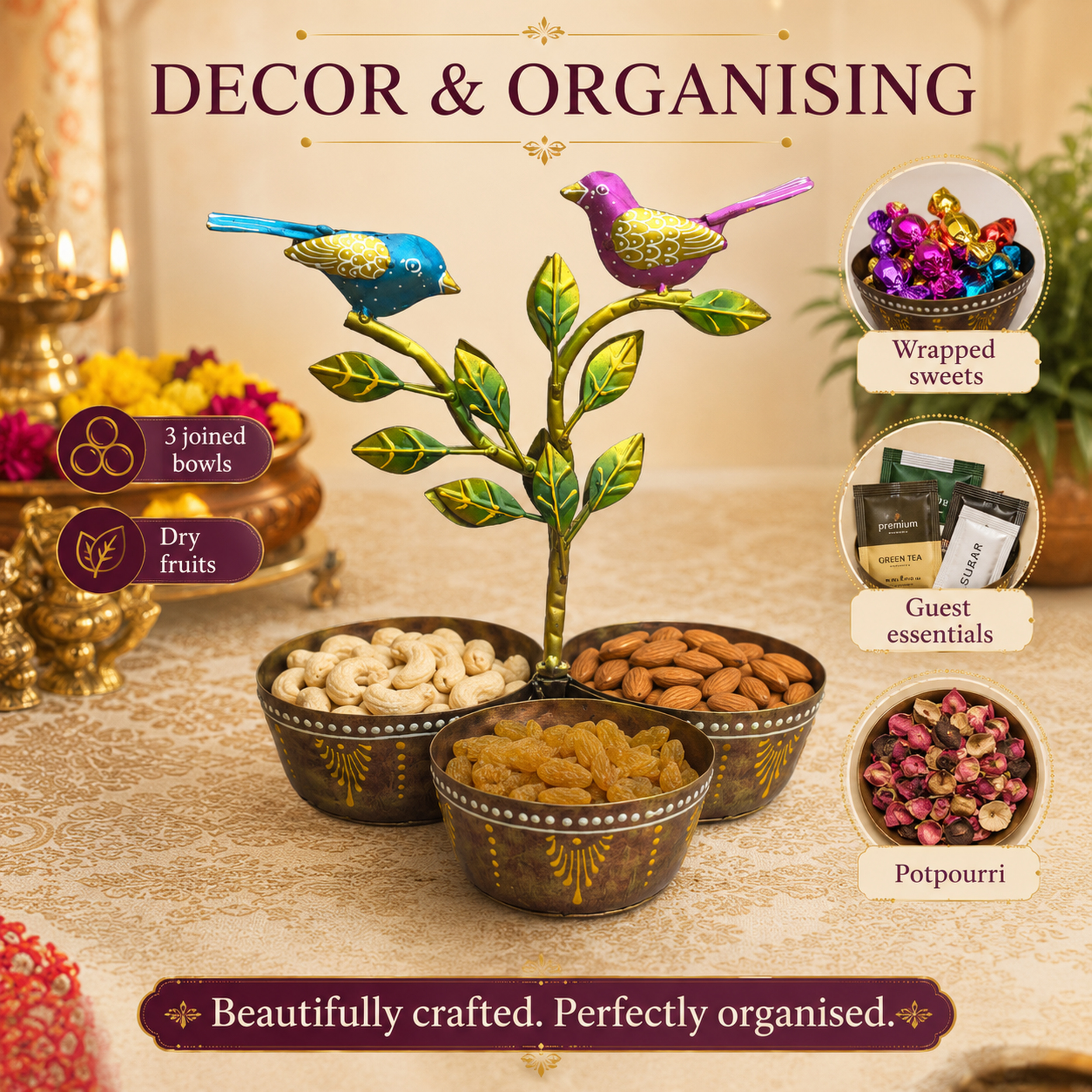 Iron Dry Fruit Bowl Stand with Bird Tree, 3 Bowls, 12 Inch — photo — 6 of 9