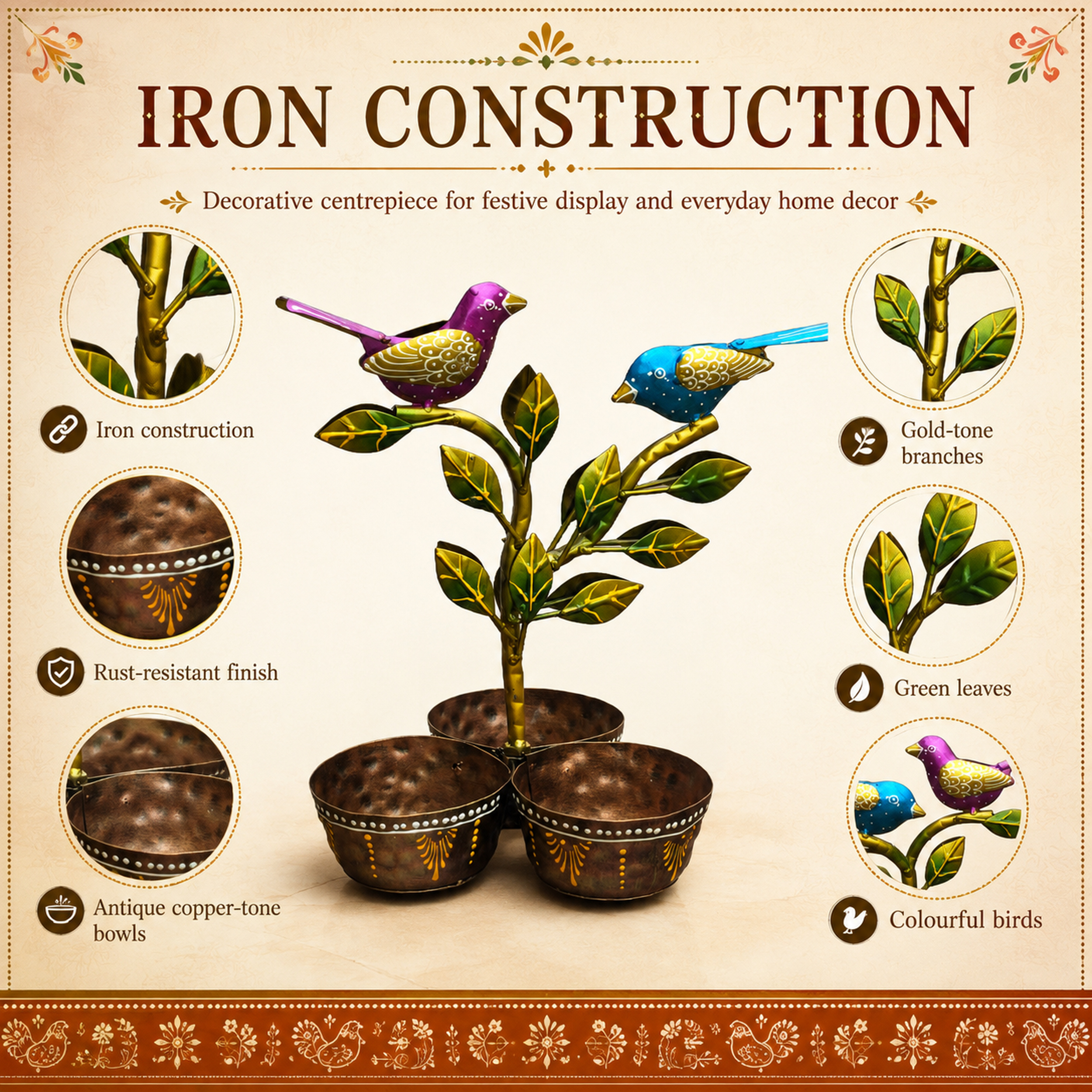 Iron Dry Fruit Bowl Stand with Bird Tree, 3 Bowls, 12 Inch — photo — 5 of 9