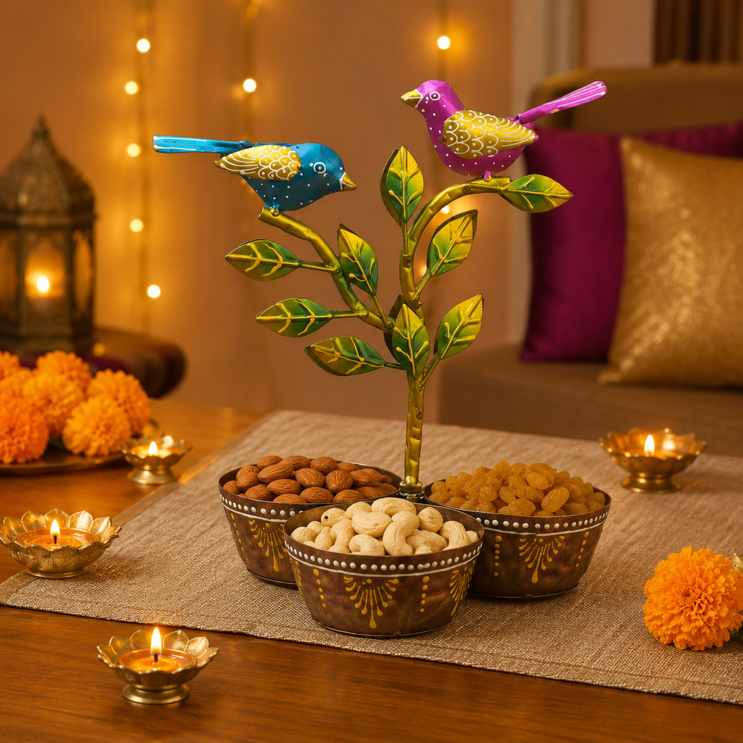 Iron Dry Fruit Bowl Stand with Bird Tree, 3 Bowls, 12 Inch — photo — 8 of 9