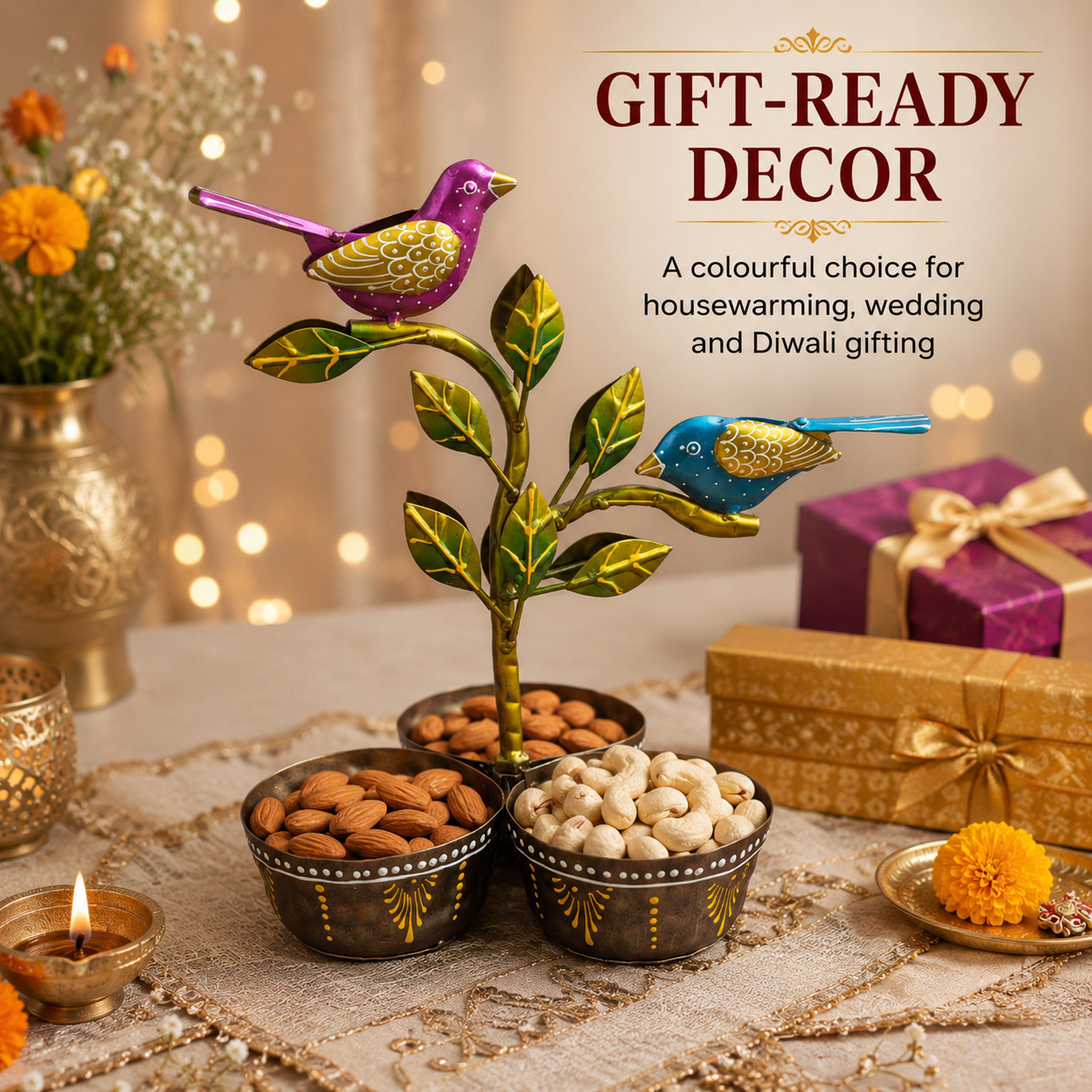 Iron Dry Fruit Bowl Stand with Bird Tree, 3 Bowls, 12 Inch — photo — 9 of 9