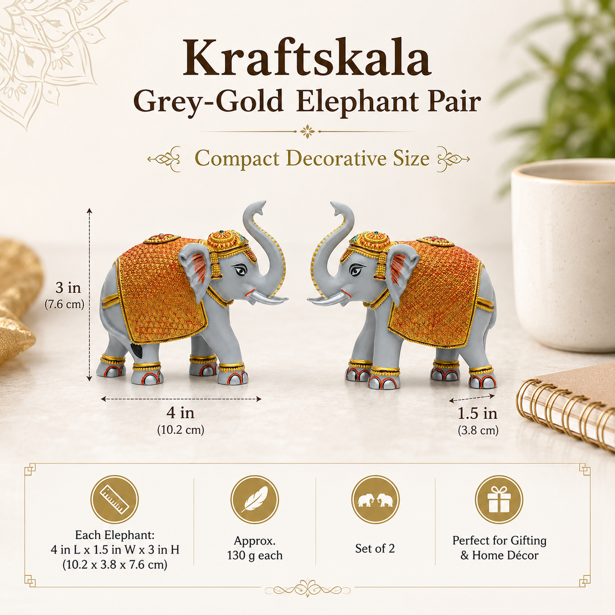 Grey Gold Mini Elephant Showpiece Pair, Car Dashboard, 3 Inch — photo — 2 of 9