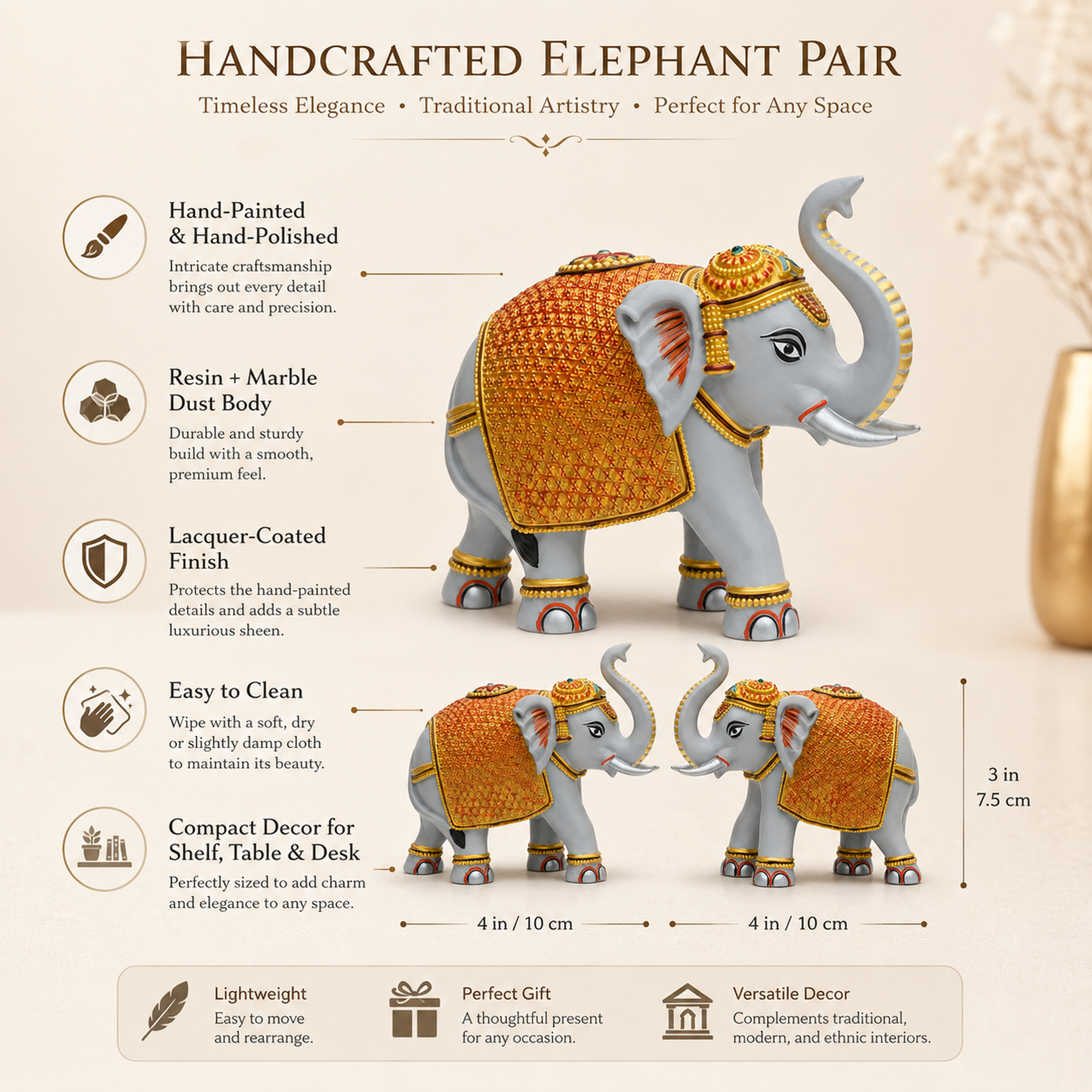 Grey Gold Mini Elephant Showpiece Pair, Car Dashboard, 3 Inch — photo — 5 of 9