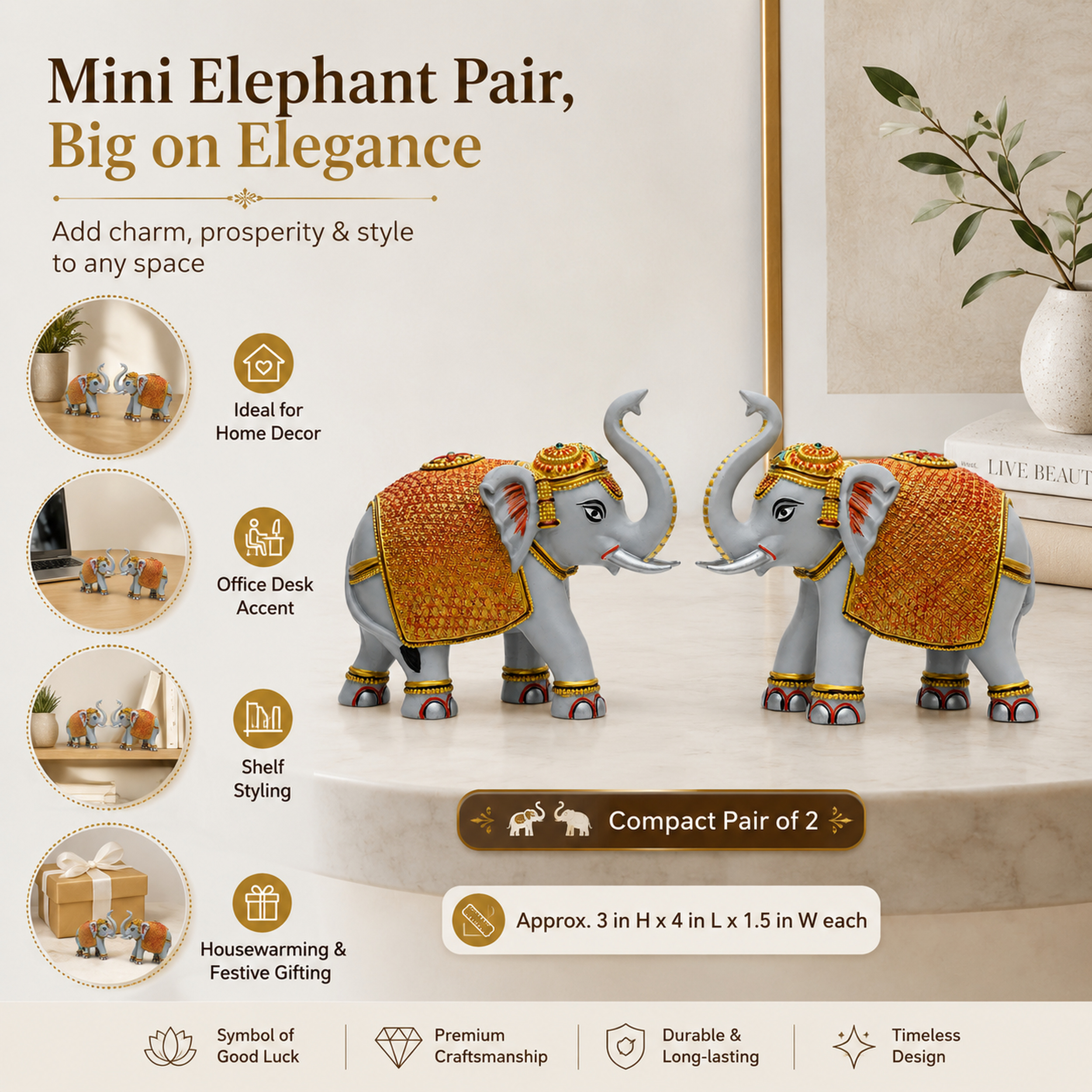 Grey Gold Mini Elephant Showpiece Pair, Car Dashboard, 3 Inch — photo — 6 of 9