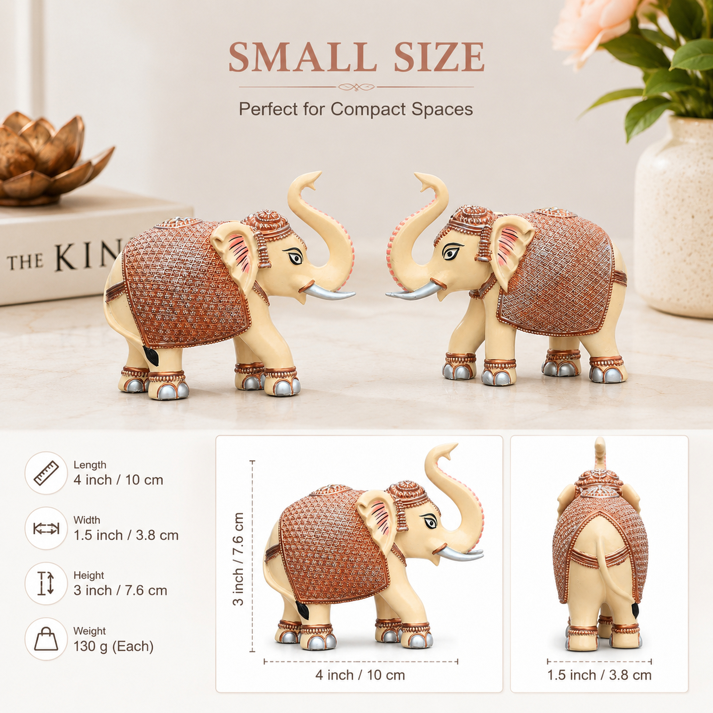Peach Cream Mini Elephant Showpiece Pair, Car Dashboard, 3 Inch — photo — 3 of 9