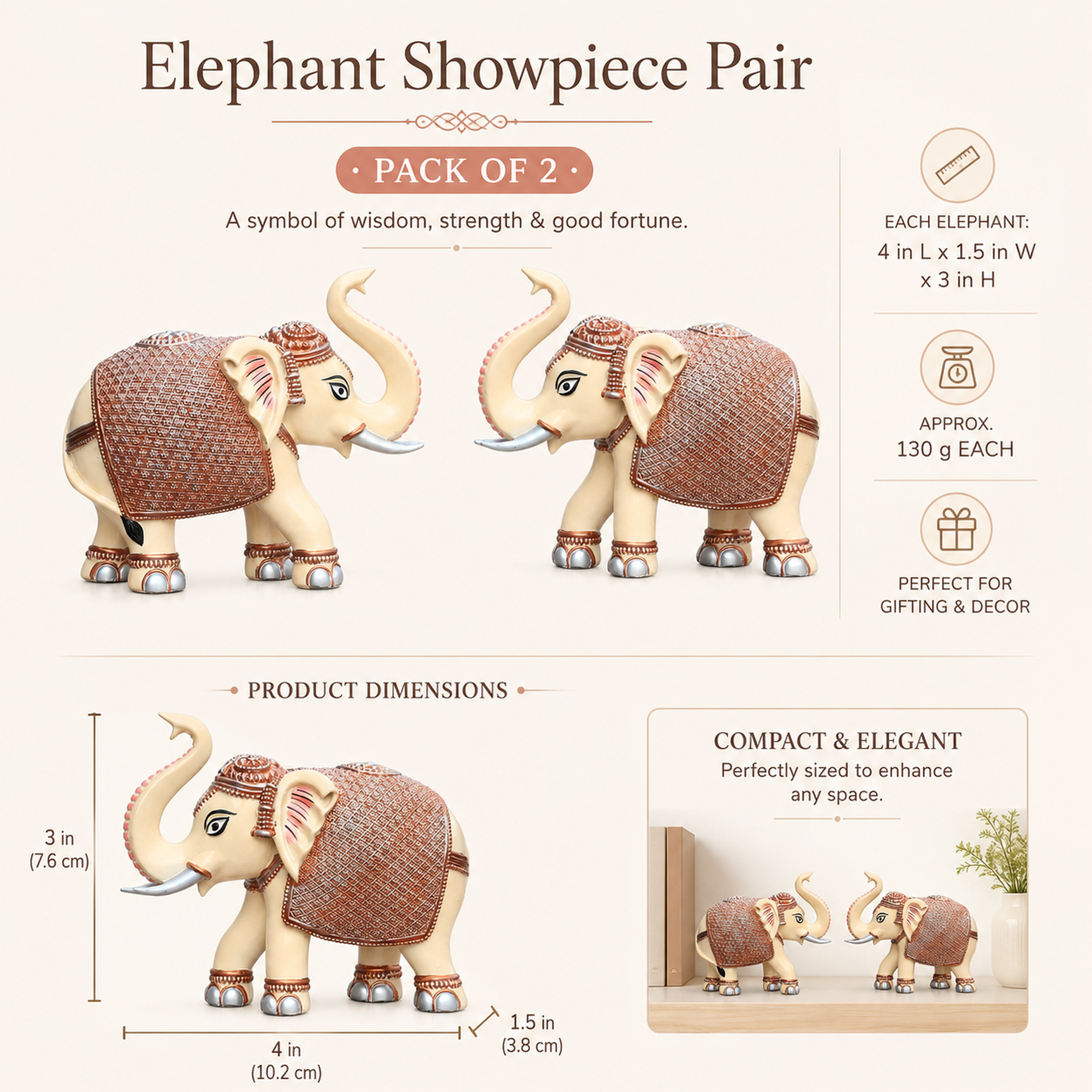 Peach Cream Mini Elephant Showpiece Pair, Car Dashboard, 3 Inch — photo — 2 of 9