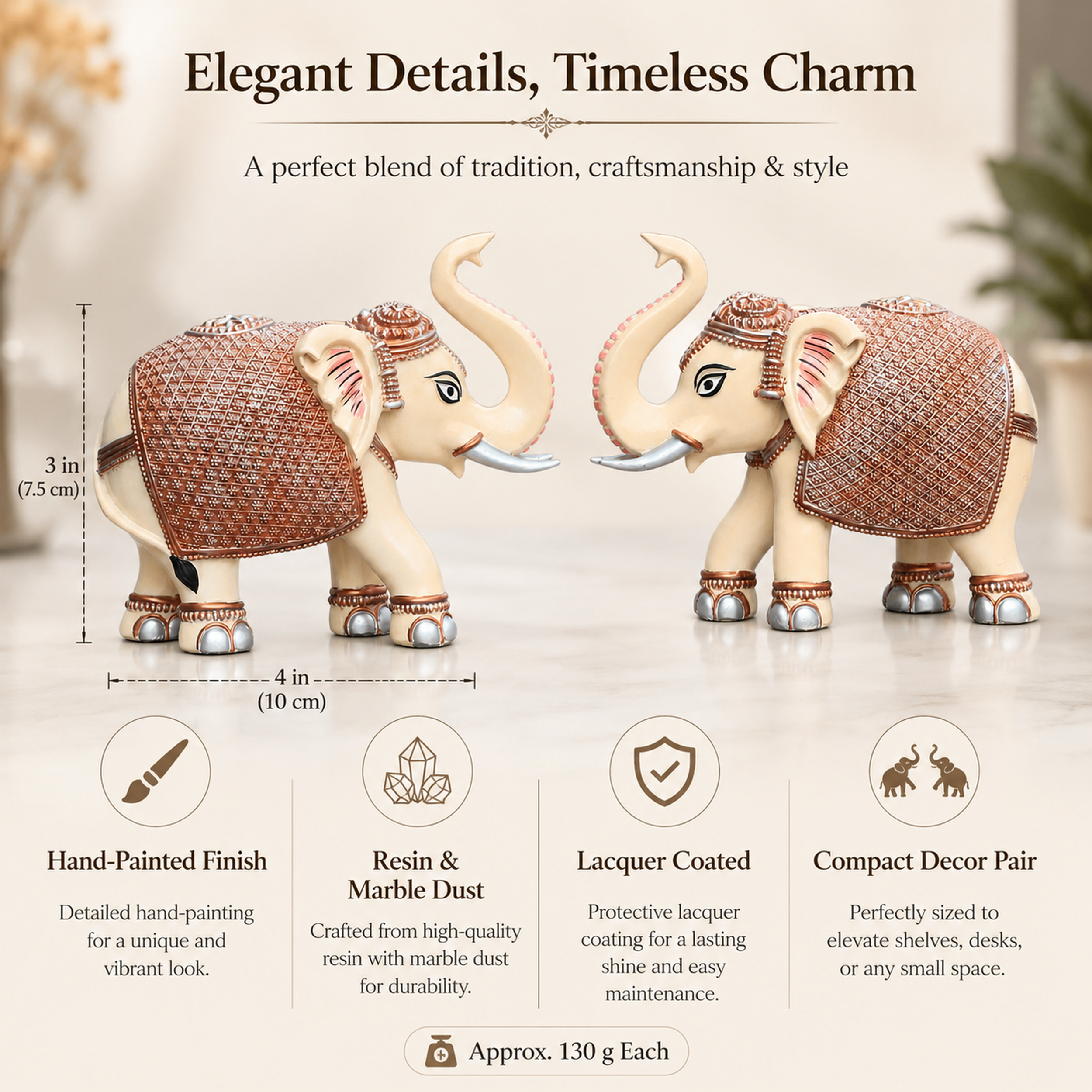 Peach Cream Mini Elephant Showpiece Pair, Car Dashboard, 3 Inch — photo — 7 of 9