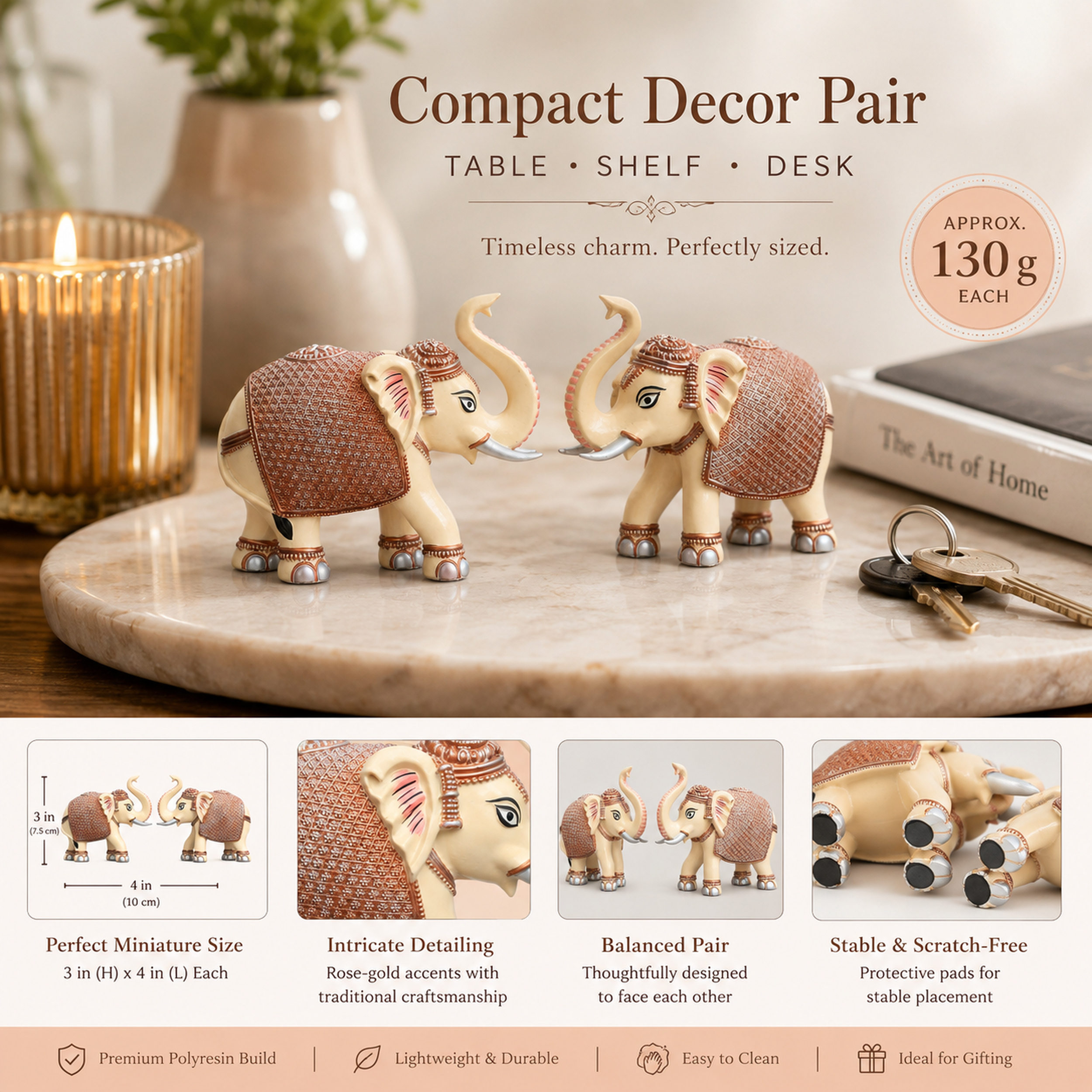 Peach Cream Mini Elephant Showpiece Pair, Car Dashboard, 3 Inch — photo — 4 of 9