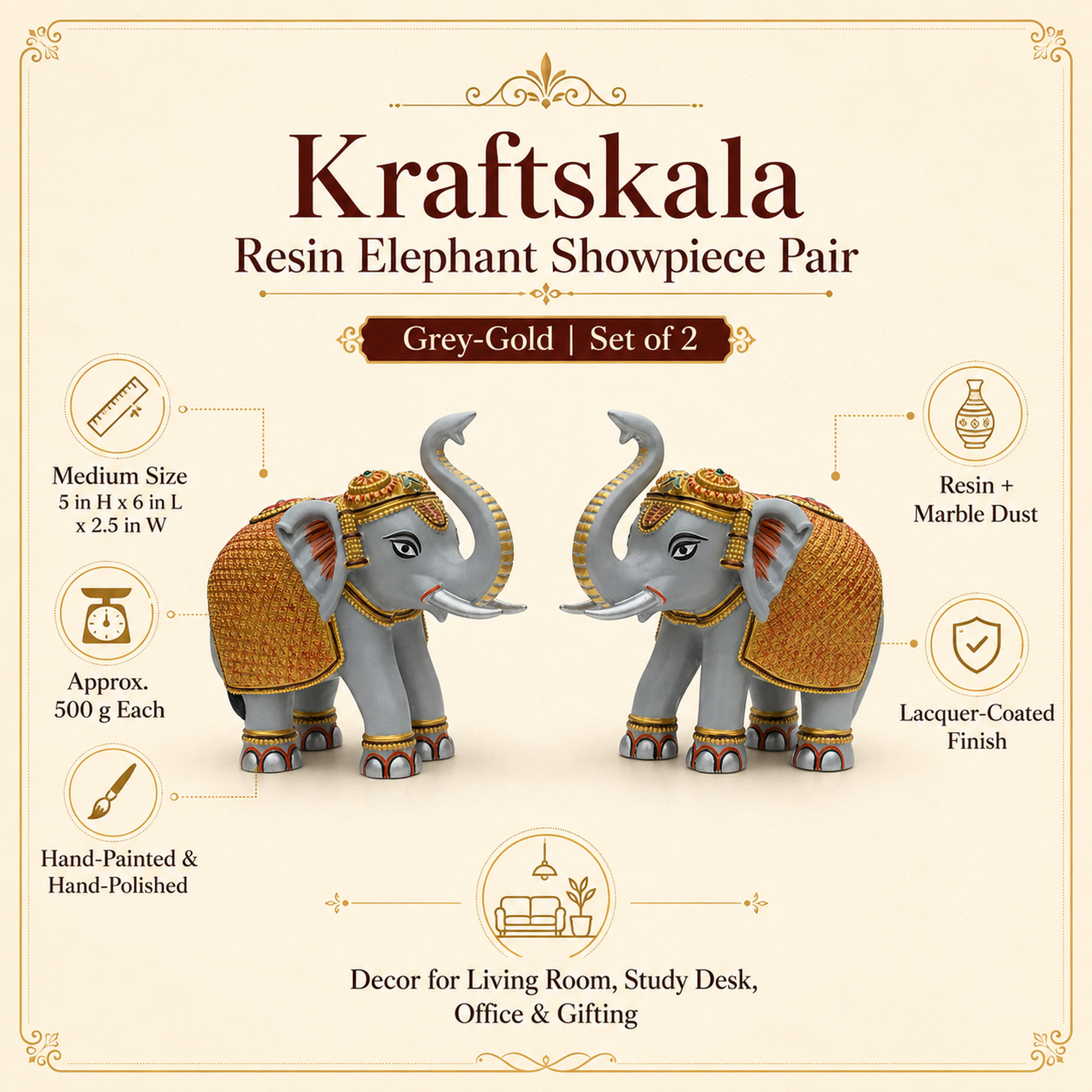 Grey Gold Elephant Showpiece Pair, Home Temple Decor, 5 Inch — photo — 2 of 9