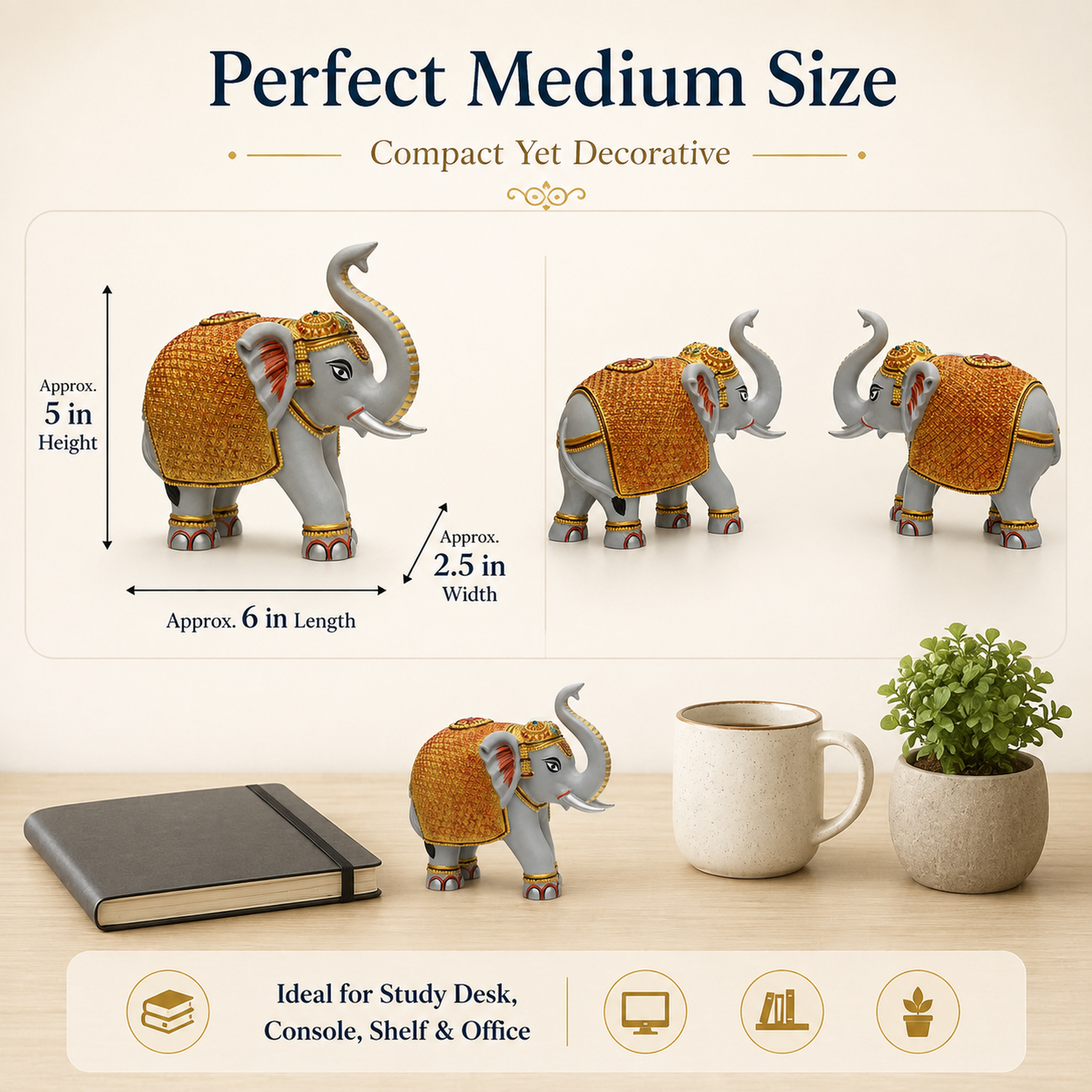 Grey Gold Elephant Showpiece Pair, Home Temple Decor, 5 Inch — photo — 6 of 9
