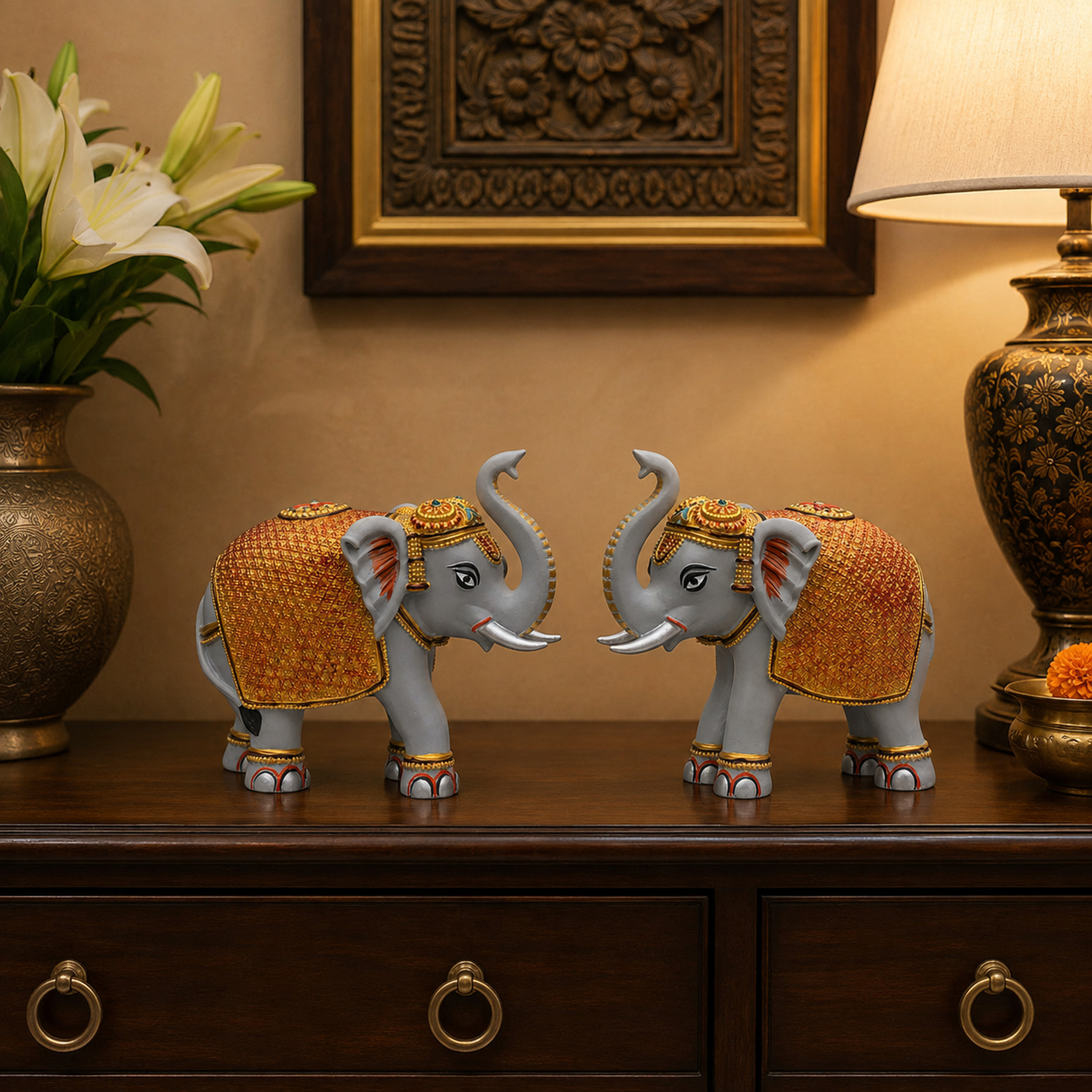 Grey Gold Elephant Showpiece Pair, Home Temple Decor, 5 Inch — photo — 8 of 9