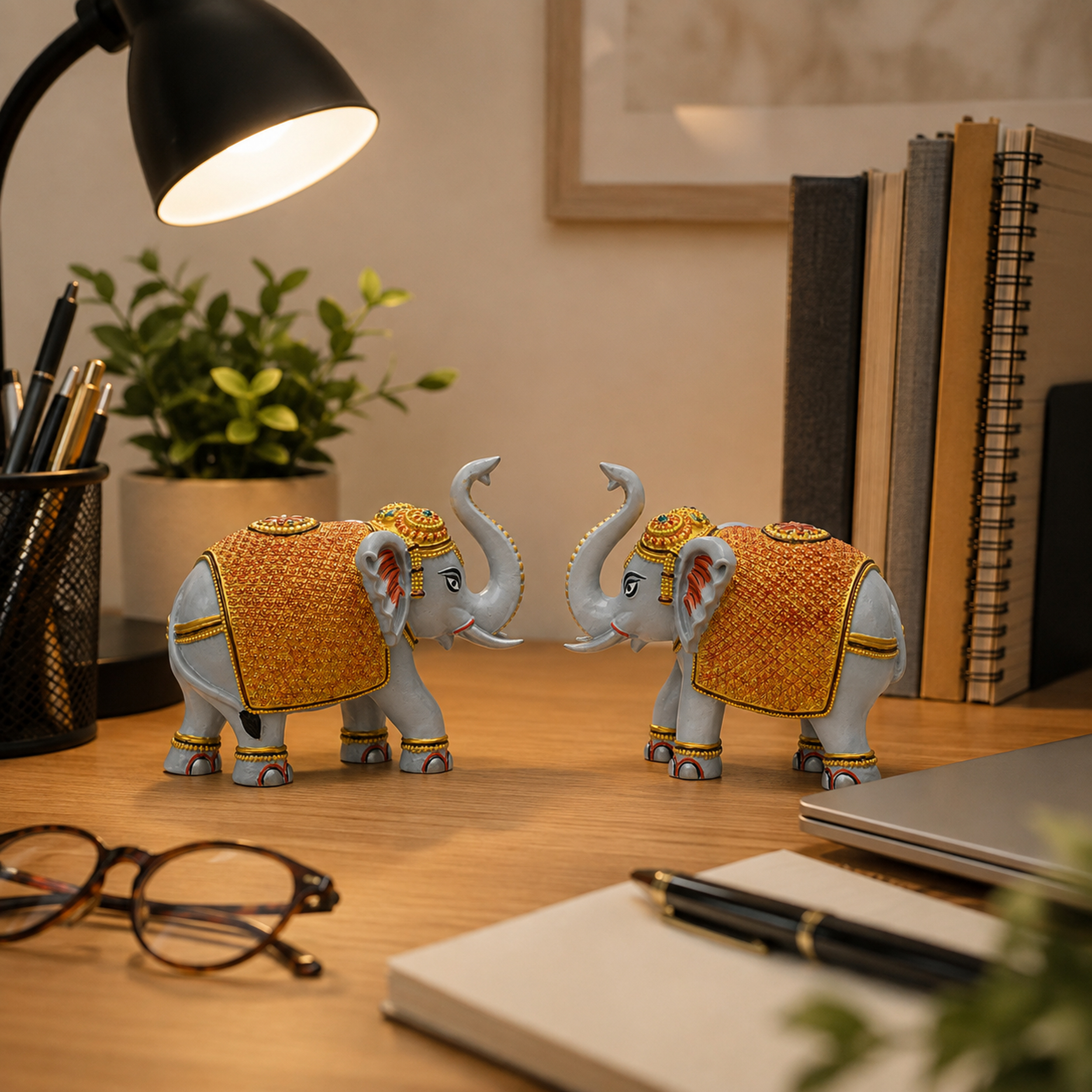 Grey Gold Elephant Showpiece Pair, Home Temple Decor, 5 Inch — photo — 5 of 9