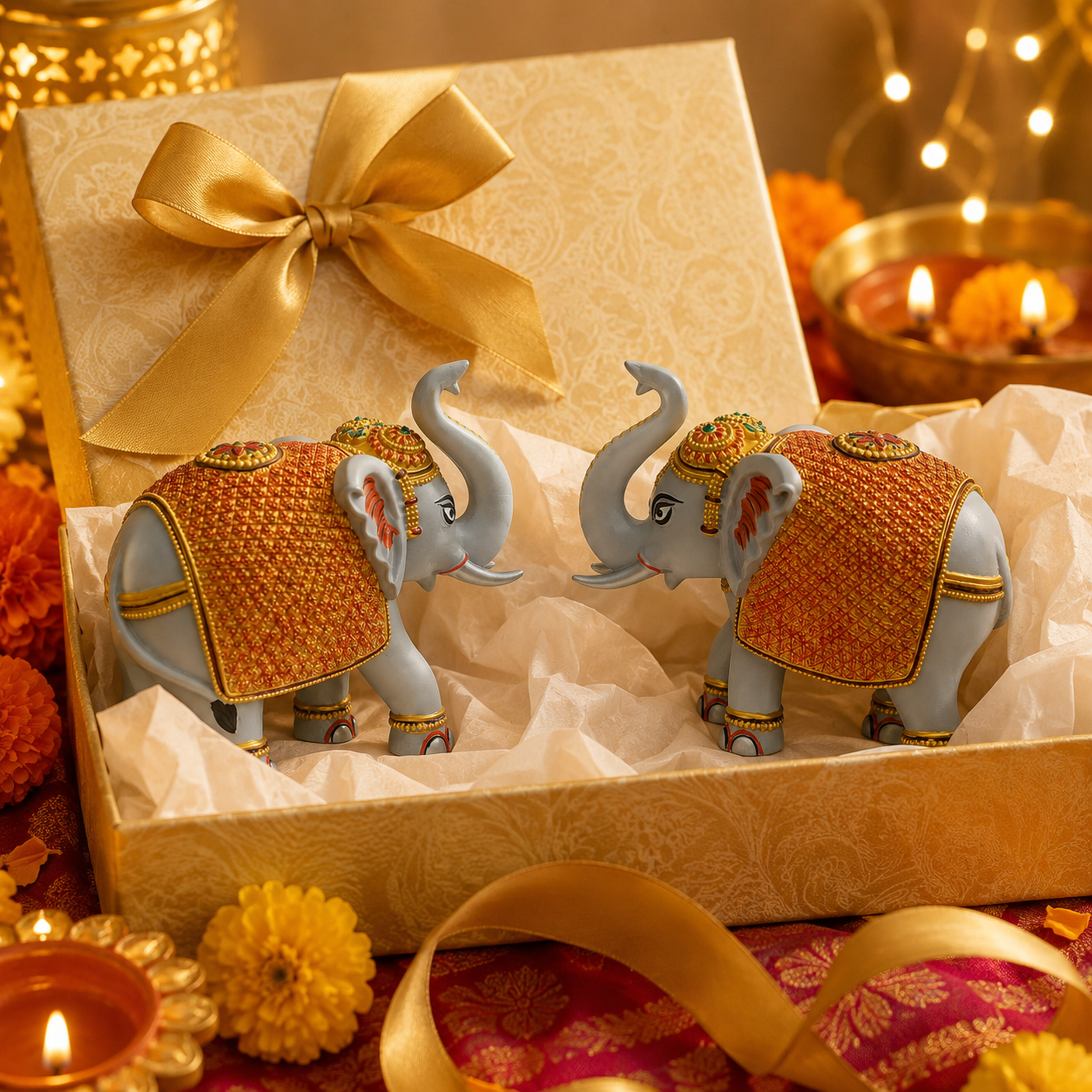 Grey Gold Elephant Showpiece Pair, Home Temple Decor, 5 Inch — photo — 7 of 9