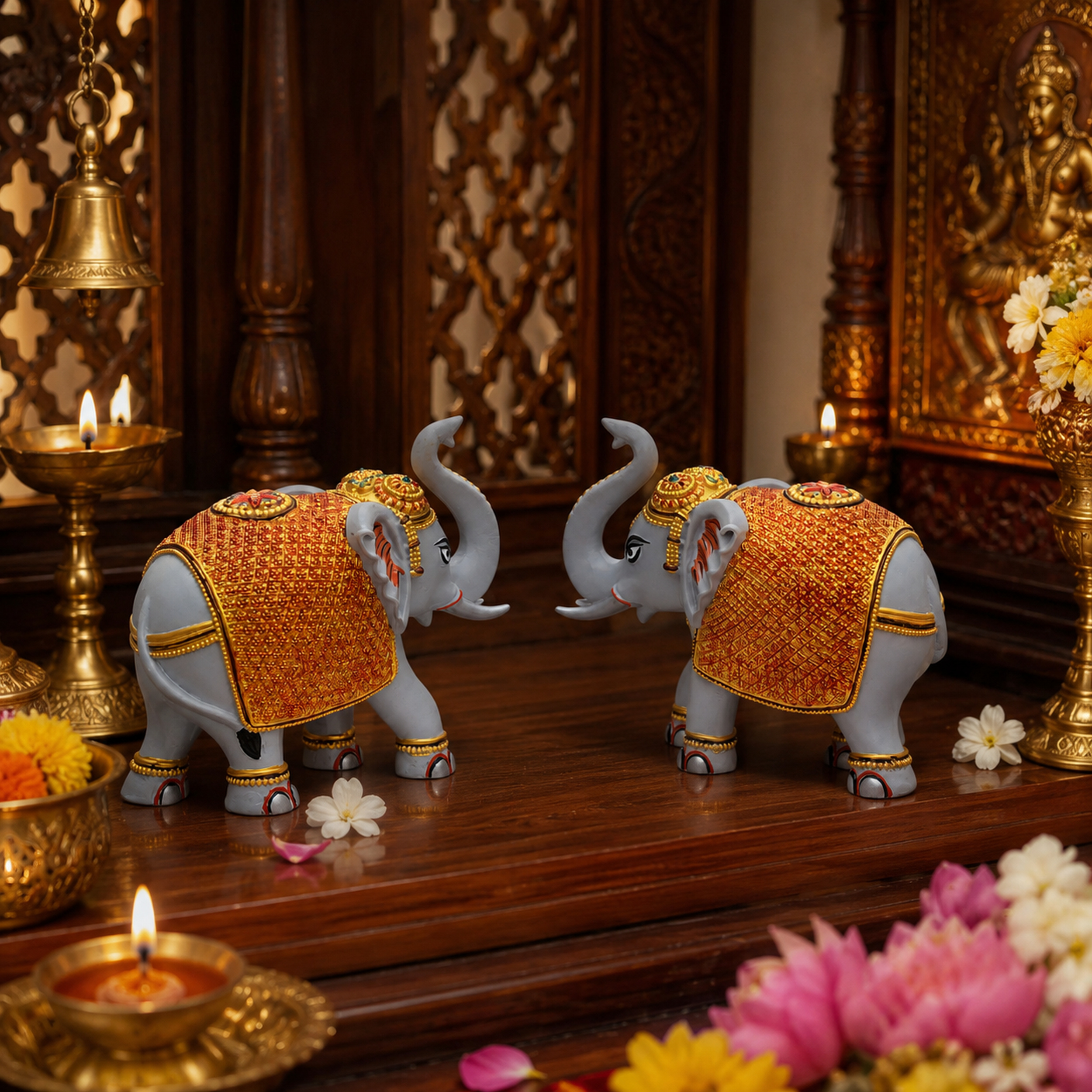 Grey Gold Elephant Showpiece Pair, Home Temple Decor, 5 Inch — photo — 3 of 9