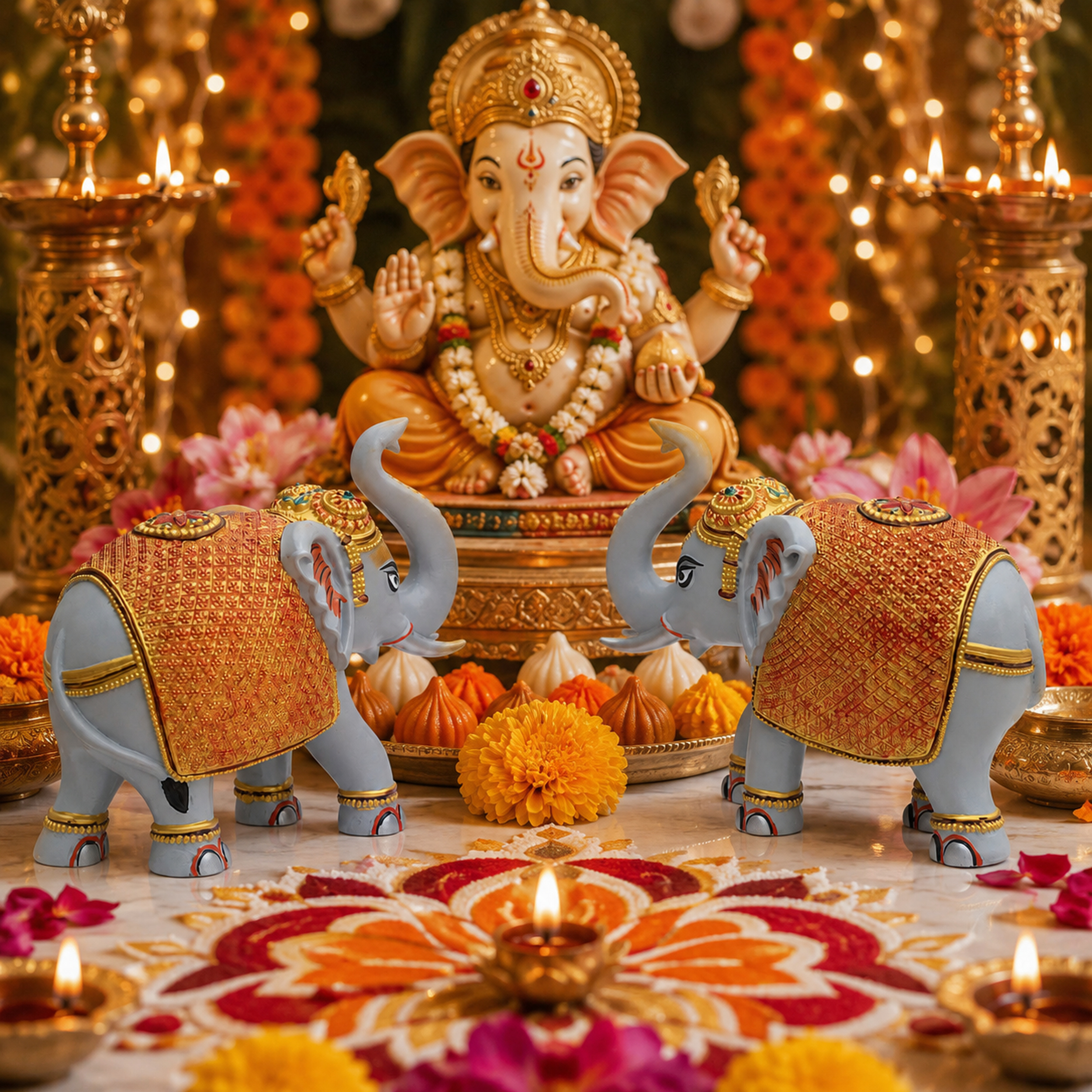 Grey Gold Elephant Showpiece Pair, Home Temple Decor, 5 Inch — photo — 4 of 9