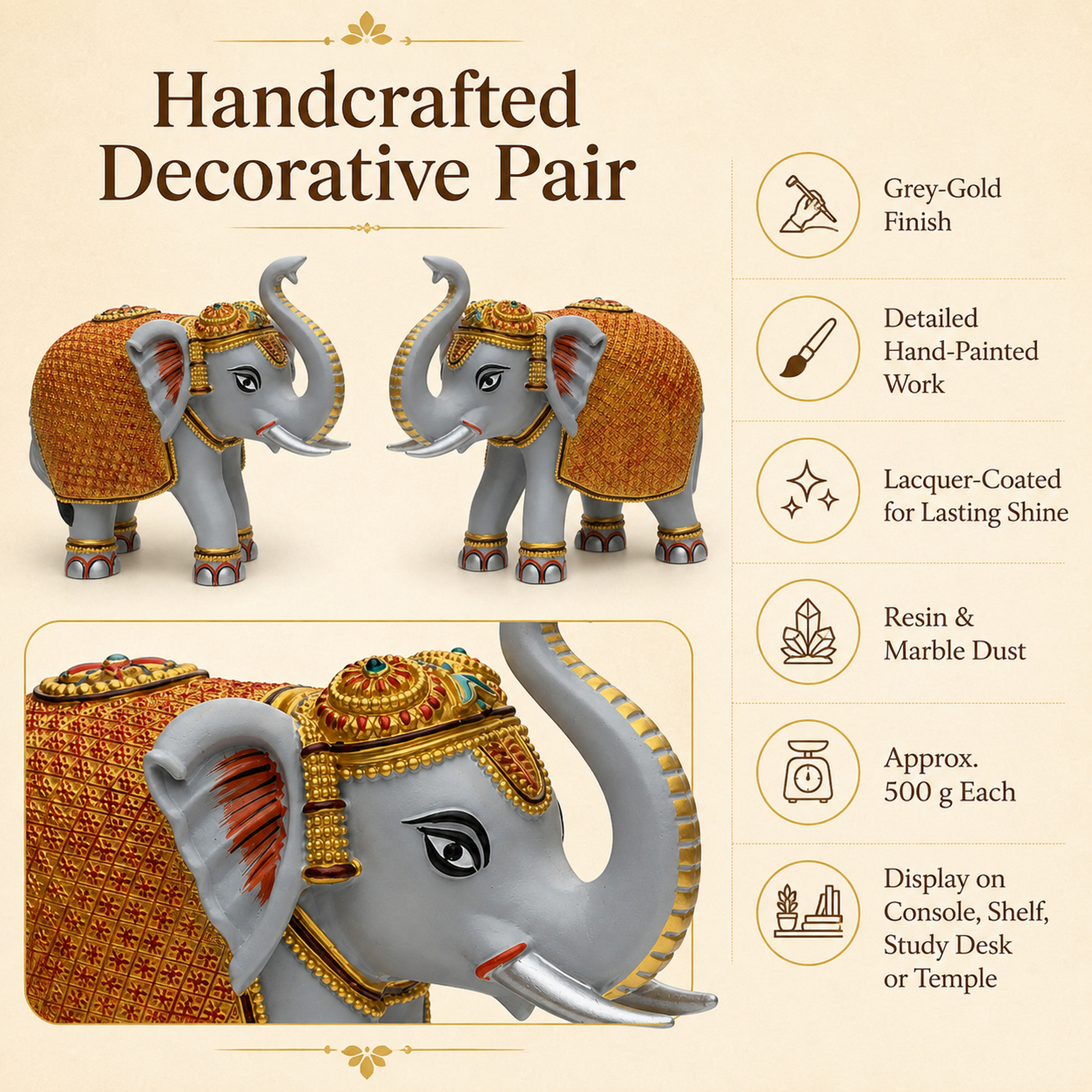 Grey Gold Elephant Showpiece Pair, Home Temple Decor, 5 Inch — photo — 9 of 9