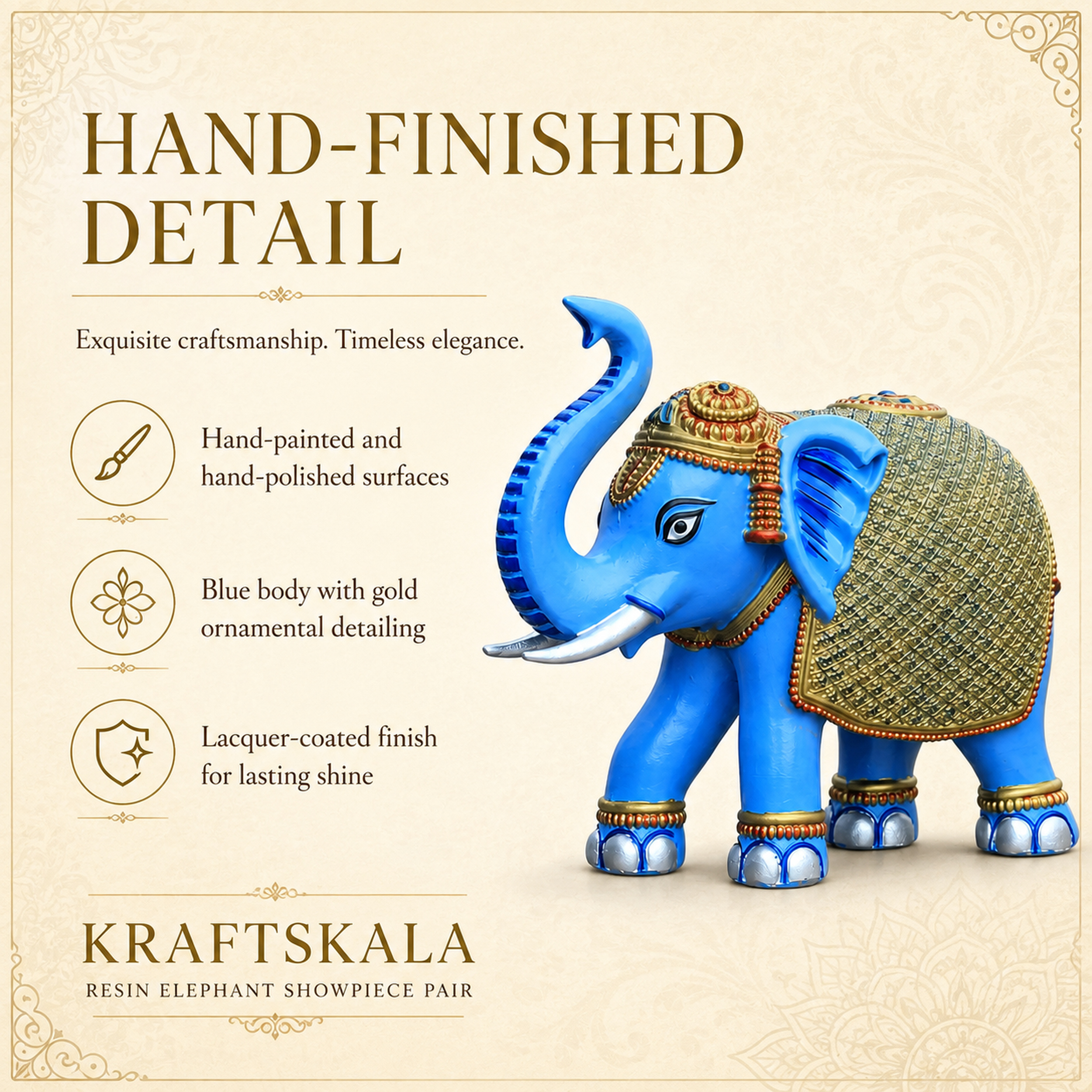 Blue Gold Elephant Statue Showpiece Pair, Marble Dust, 8 Inch — photo — 3 of 9