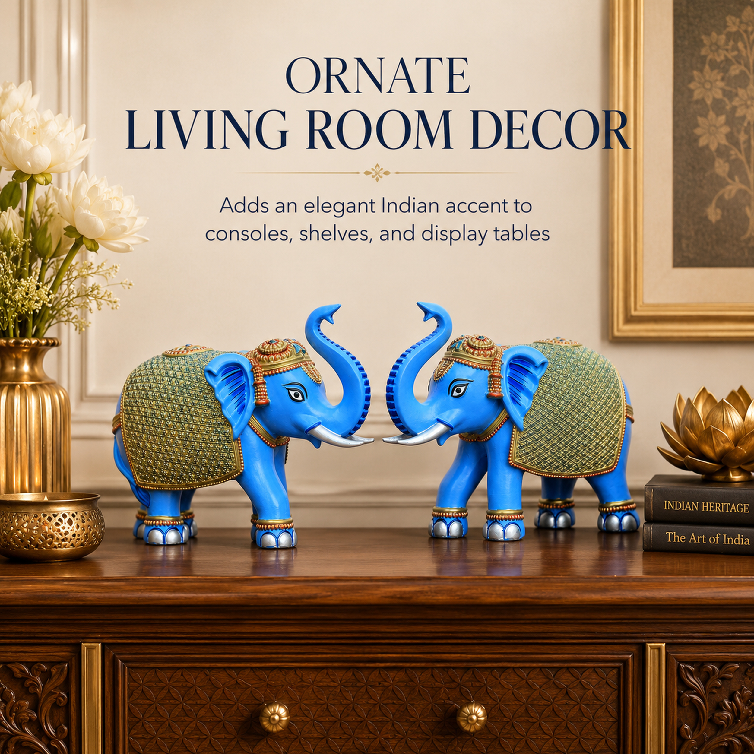 Blue Gold Elephant Statue Showpiece Pair, Marble Dust, 8 Inch — photo — 8 of 9