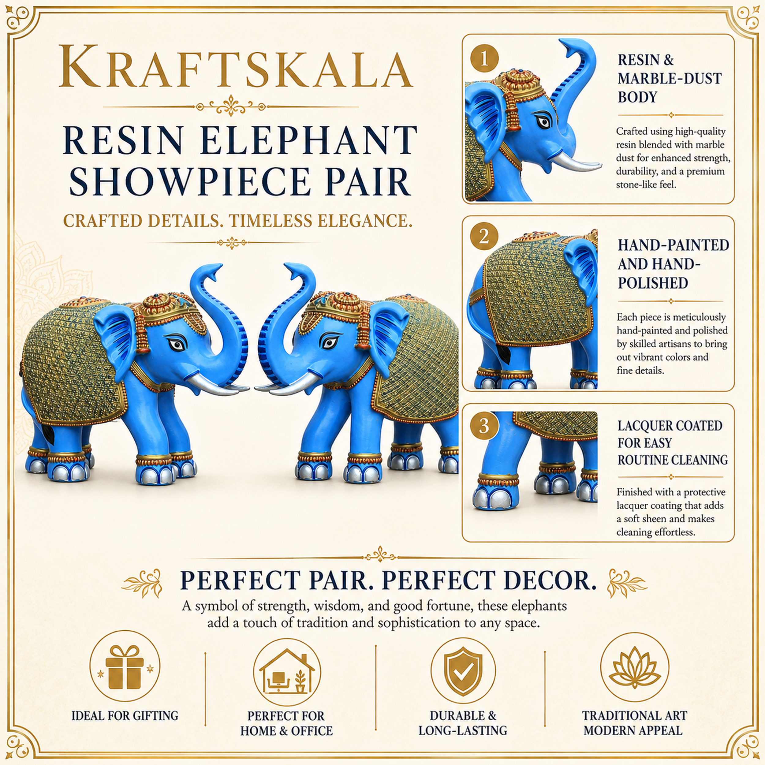 Blue Gold Elephant Statue Showpiece Pair, Marble Dust, 8 Inch — photo — 6 of 9