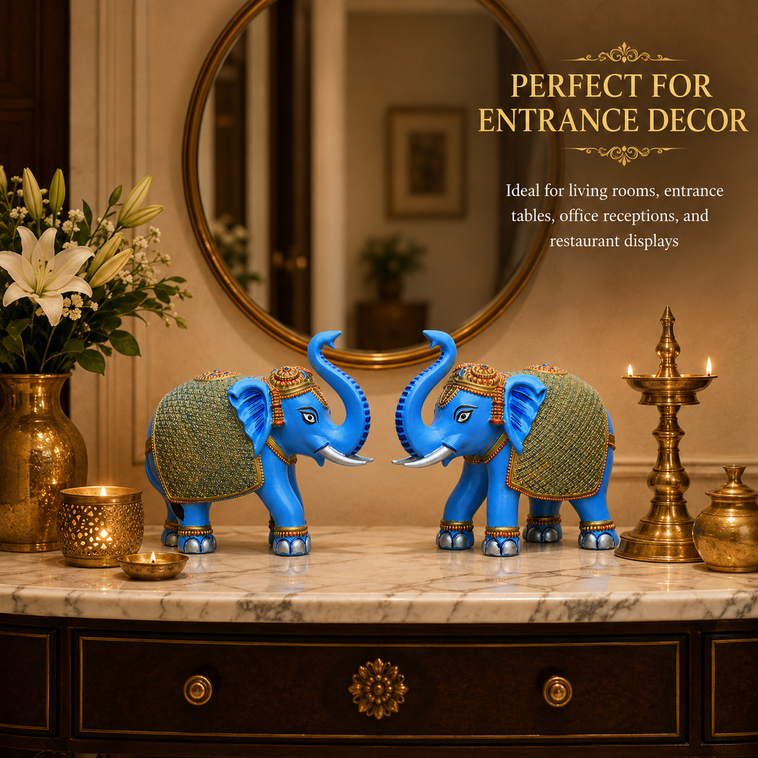 Blue Gold Elephant Statue Showpiece Pair, Marble Dust, 8 Inch — photo — 5 of 9