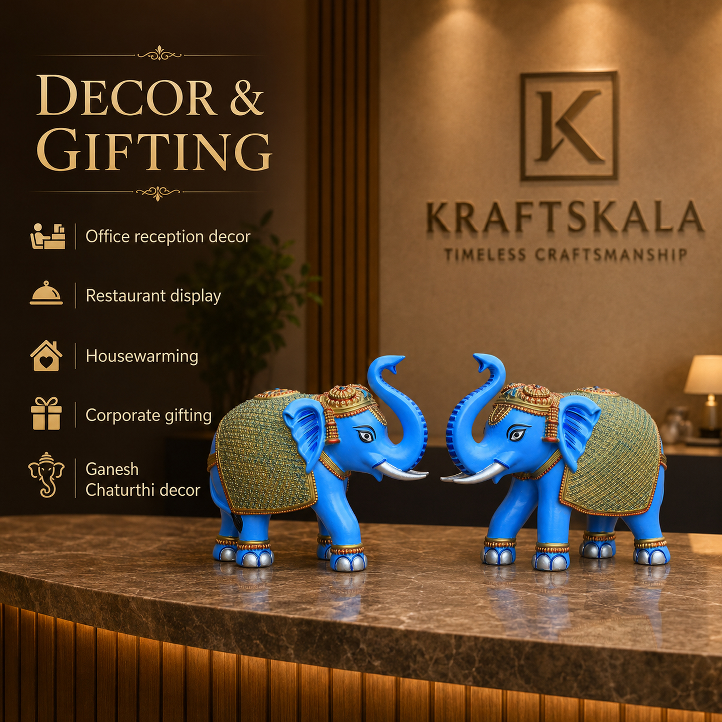 Blue Gold Elephant Statue Showpiece Pair, Marble Dust, 8 Inch — photo — 9 of 9