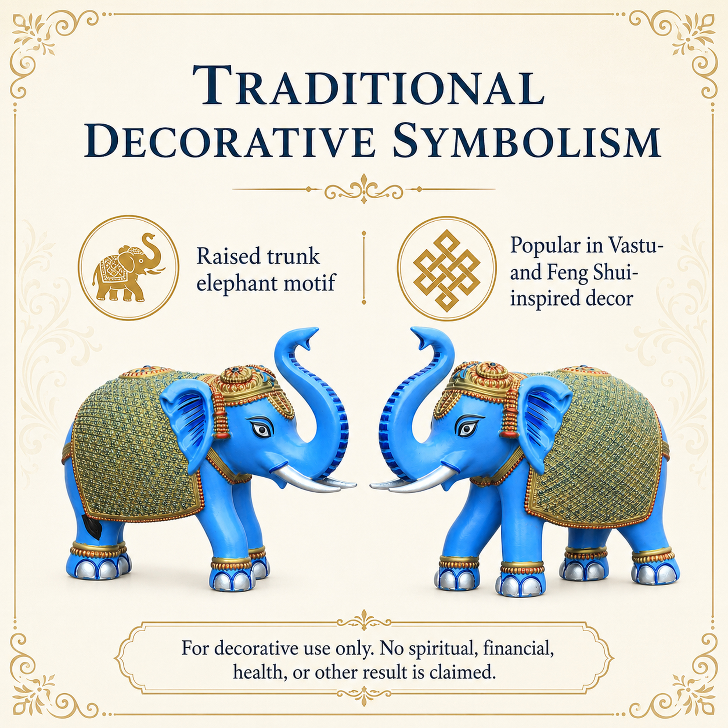 Blue Gold Elephant Statue Showpiece Pair, Marble Dust, 8 Inch — photo — 4 of 9