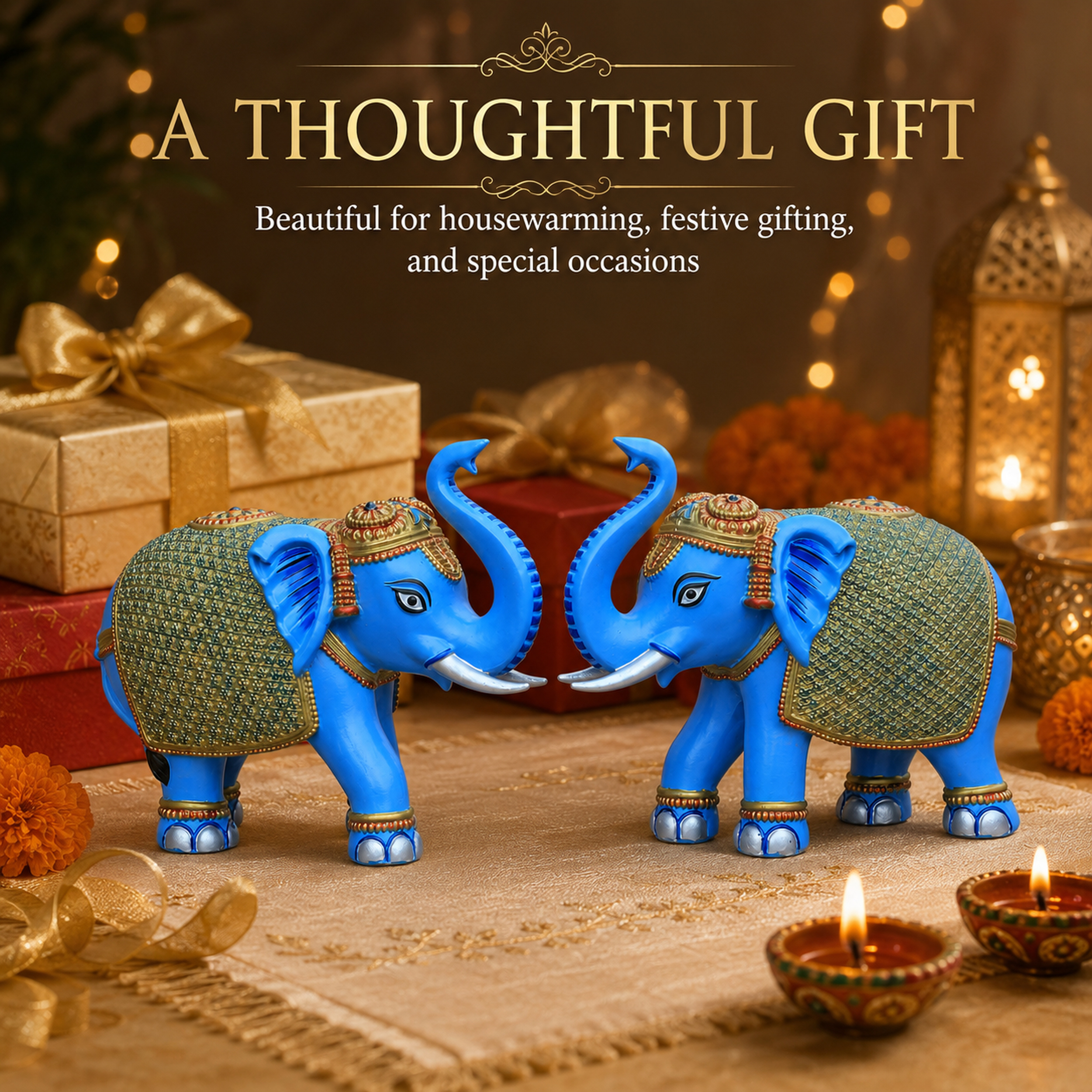 Blue Gold Elephant Statue Showpiece Pair, Marble Dust, 8 Inch — photo — 7 of 9