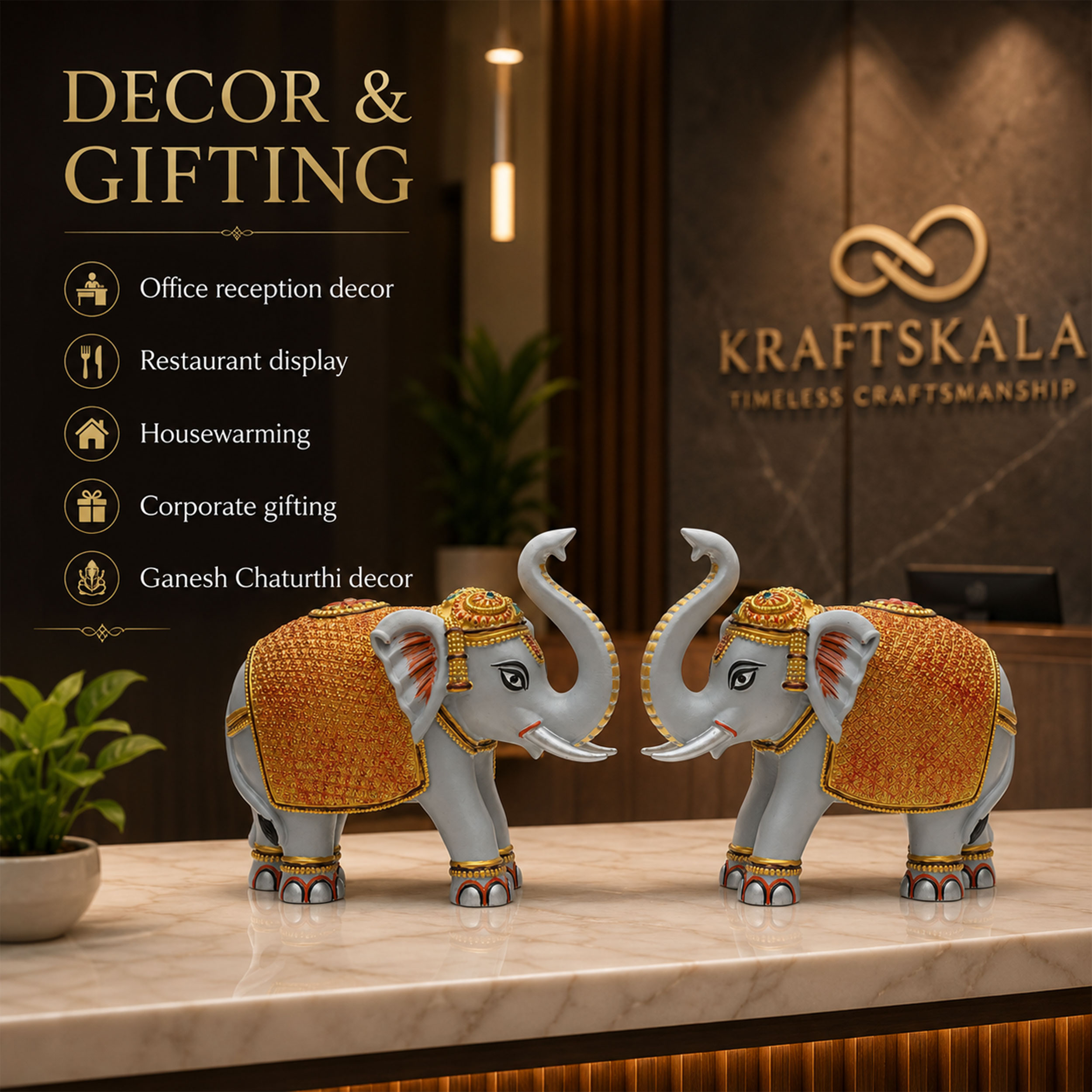 Grey Gold Elephant Statue Showpiece Pair, Marble Dust, 8 Inch — photo — 9 of 9