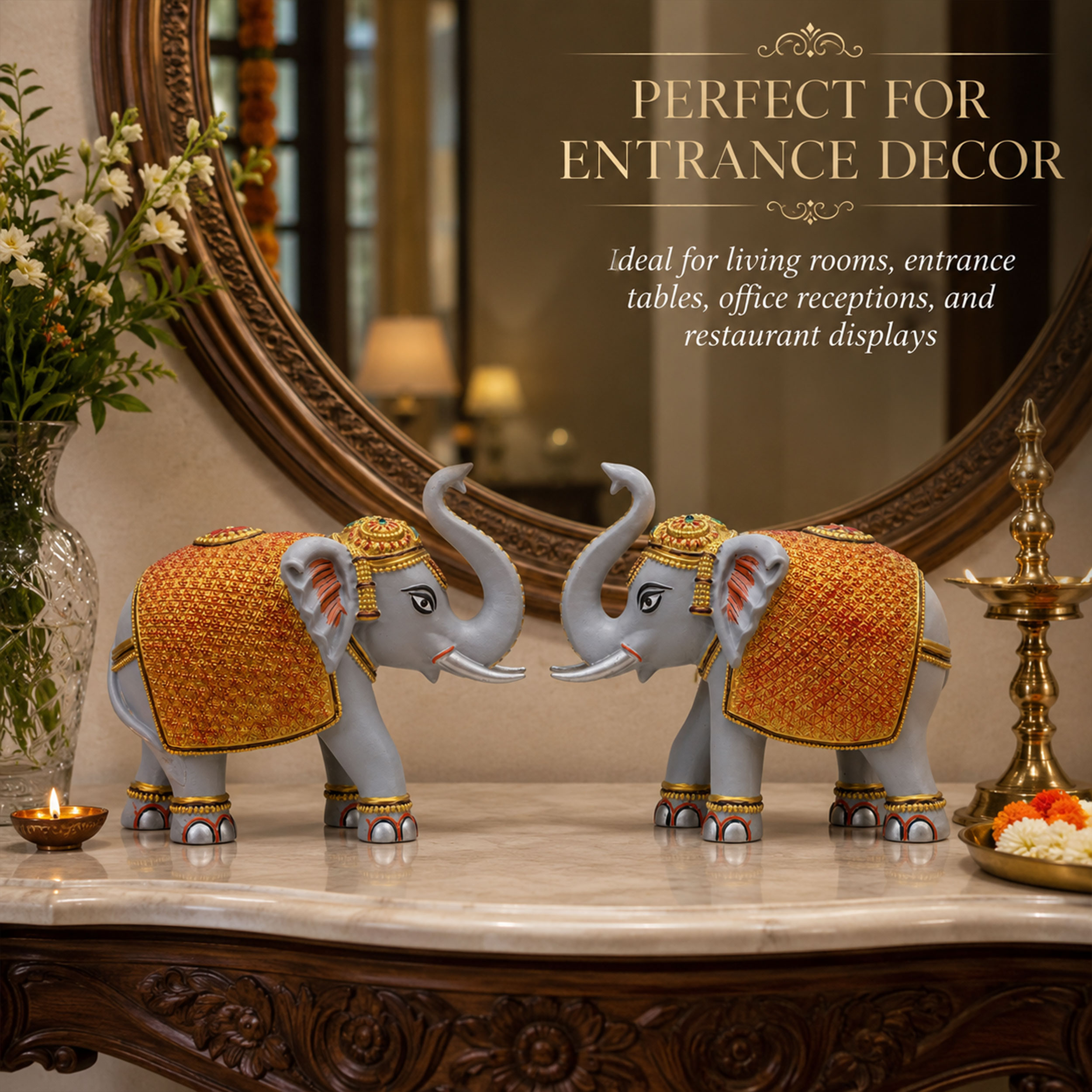 Grey Gold Elephant Statue Showpiece Pair, Marble Dust, 8 Inch — photo — 5 of 9