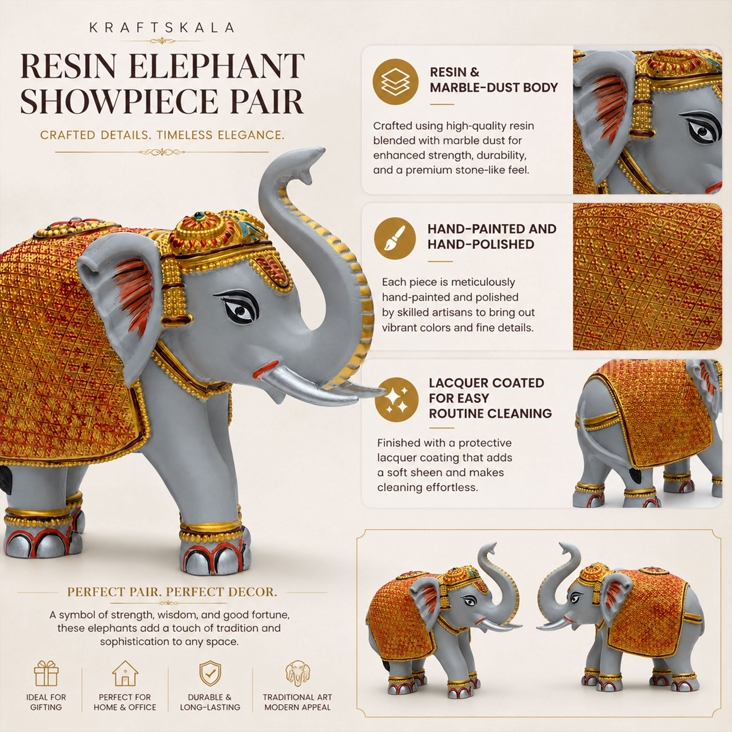 Grey Gold Elephant Statue Showpiece Pair, Marble Dust, 8 Inch — photo — 6 of 9