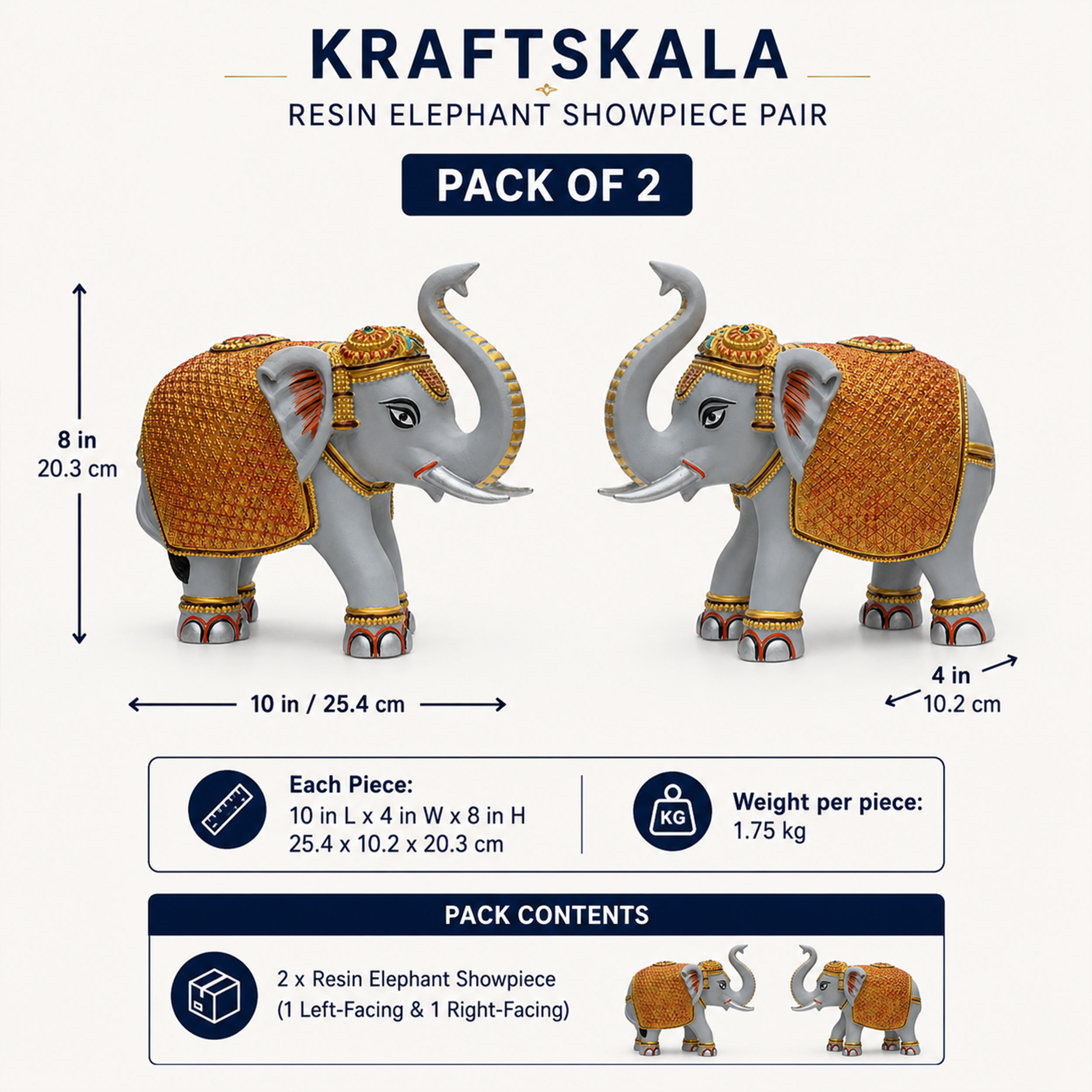 Grey Gold Elephant Statue Showpiece Pair, Marble Dust, 8 Inch — photo — 3 of 9