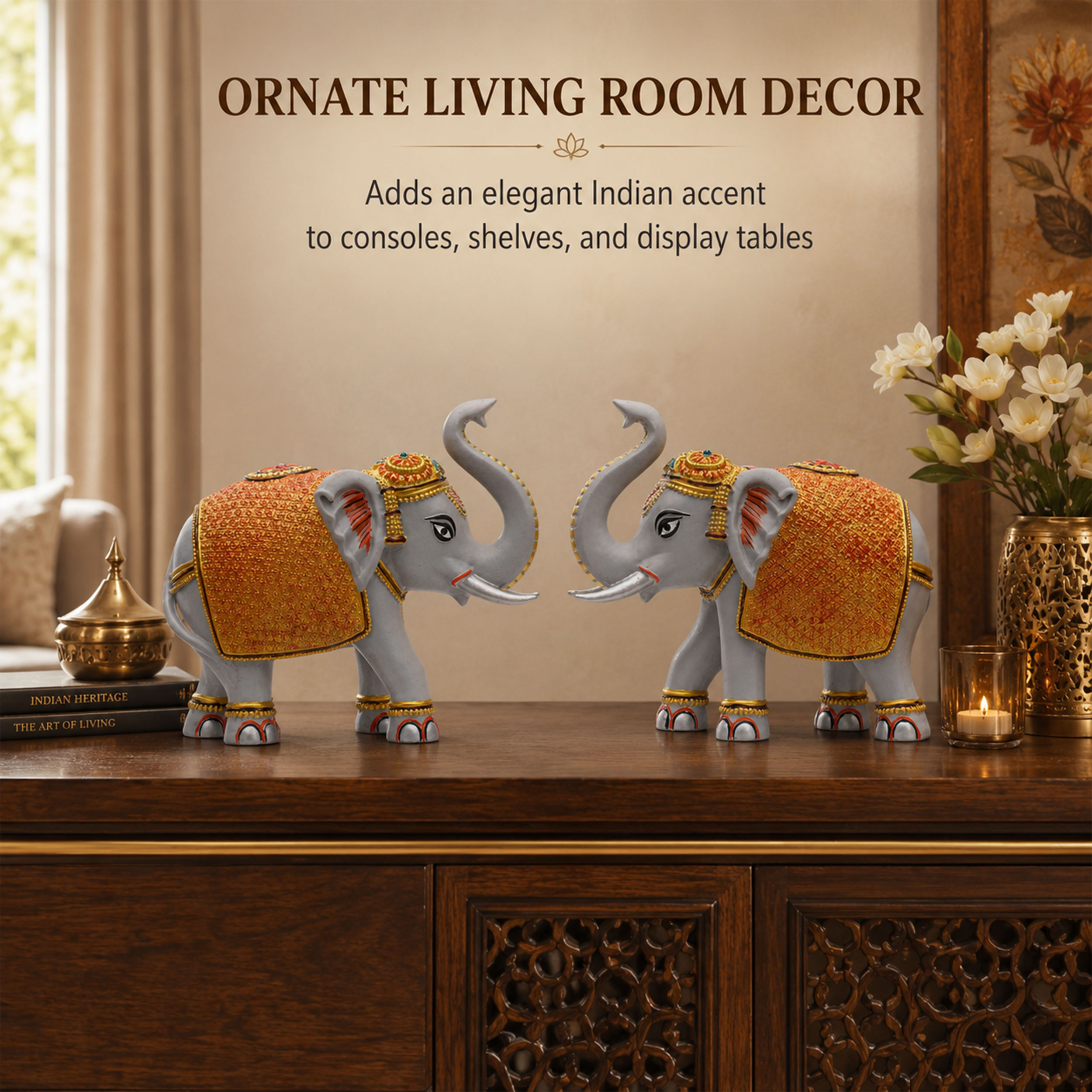 Grey Gold Elephant Statue Showpiece Pair, Marble Dust, 8 Inch — photo — 8 of 9