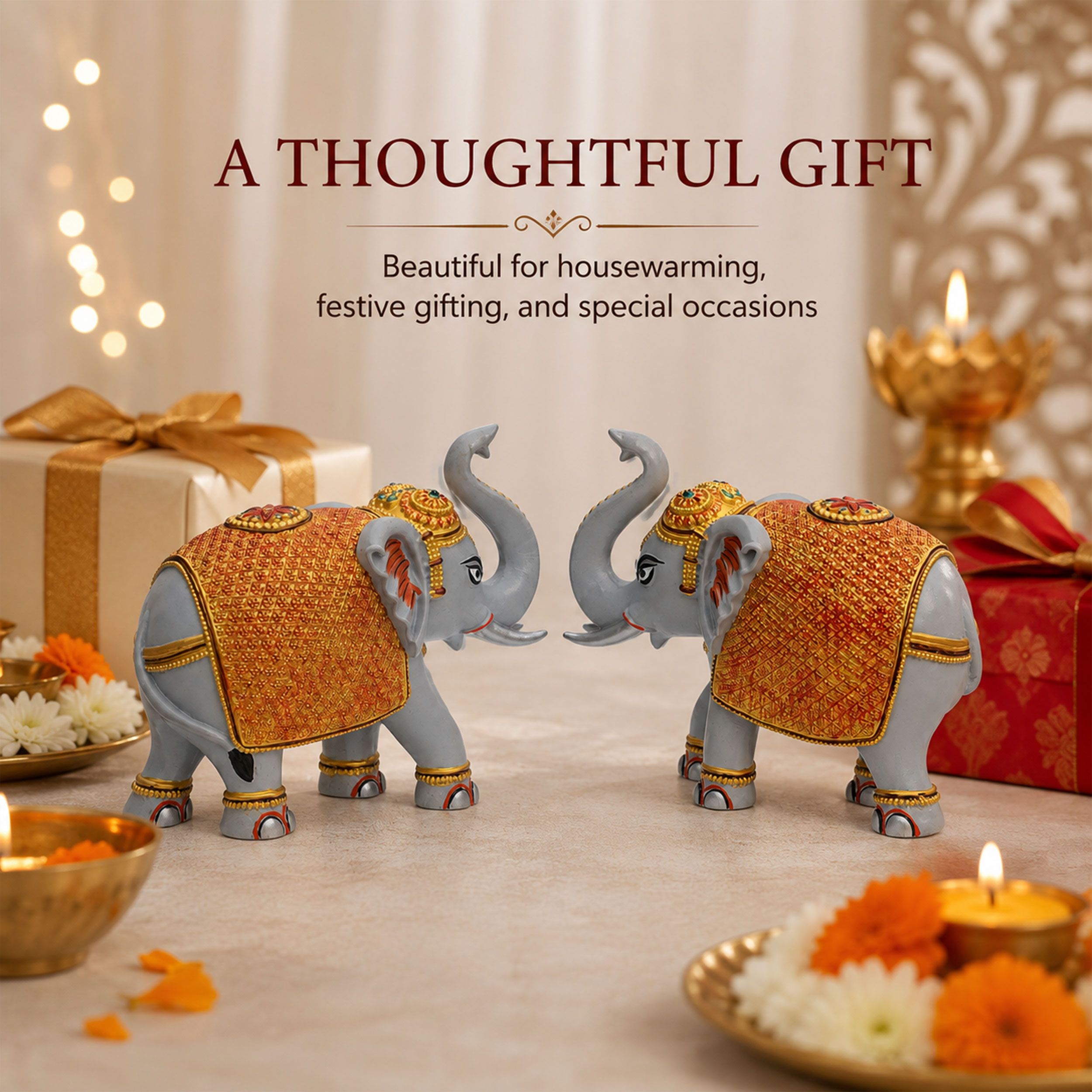 Grey Gold Elephant Statue Showpiece Pair, Marble Dust, 8 Inch — photo — 7 of 9